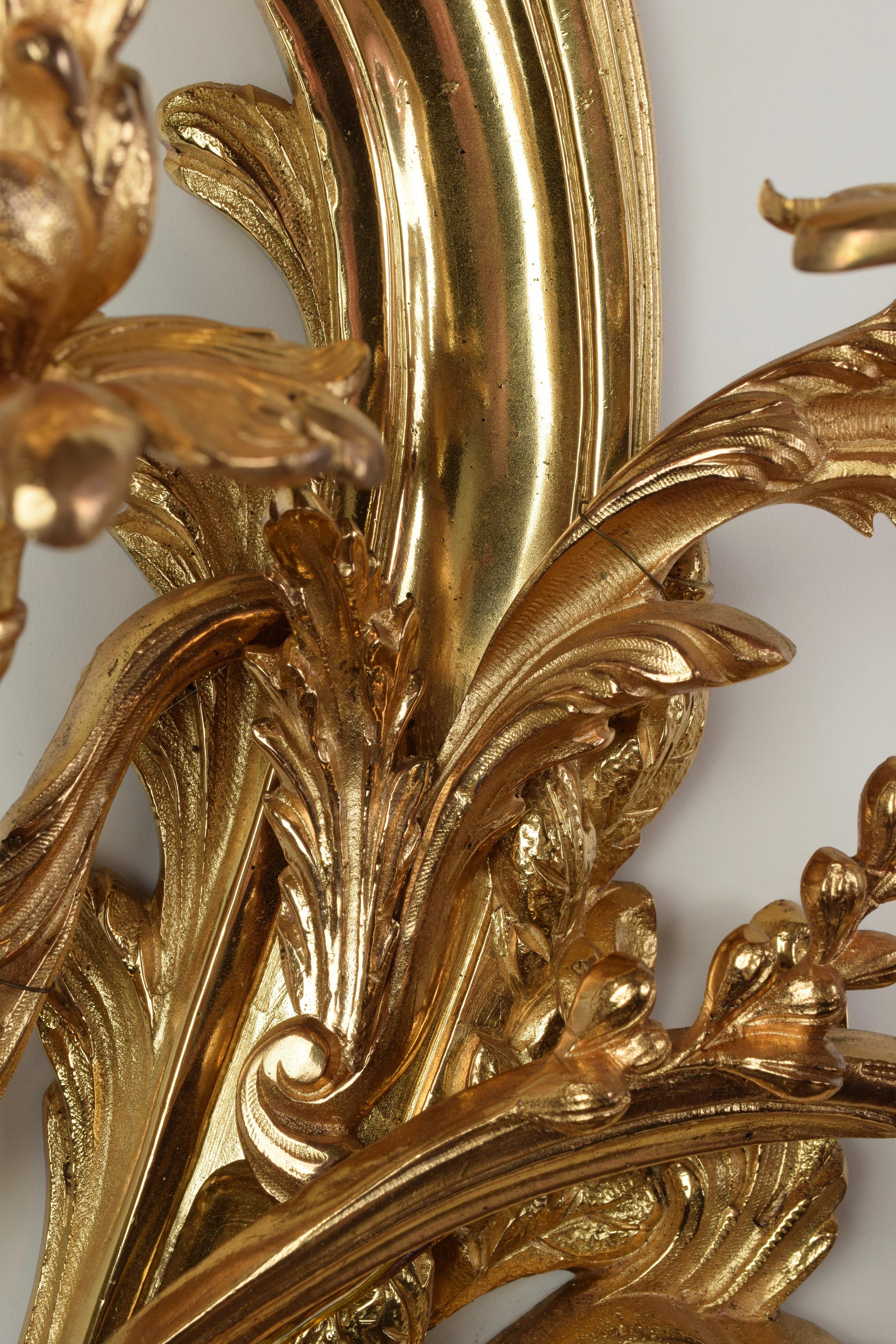 Pair of Louis XV Sconces in Gilt Bronze with Five Lights Mid-20th Century 7