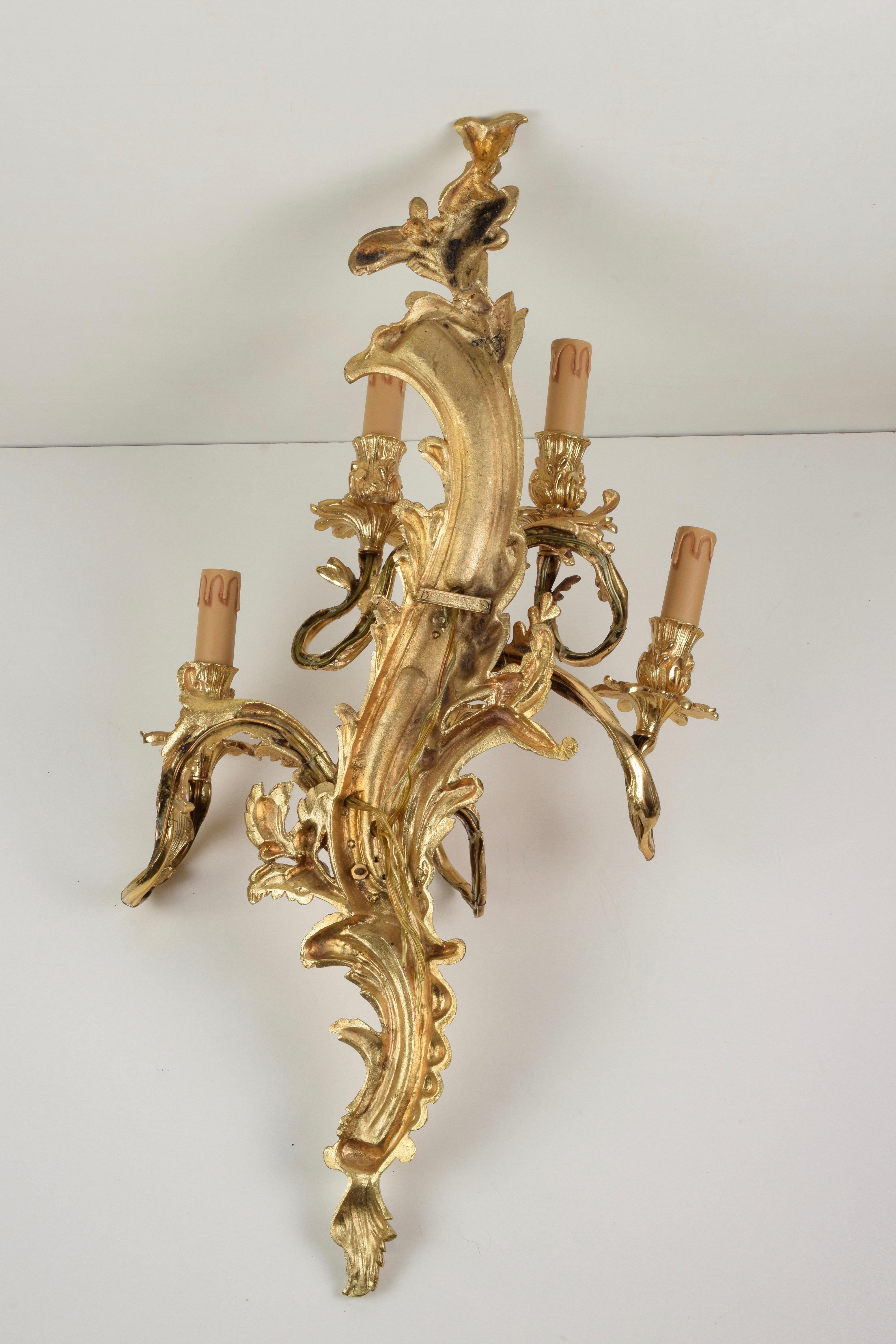 Pair of Louis XV Sconces in Gilt Bronze with Five Lights Mid-20th Century 9