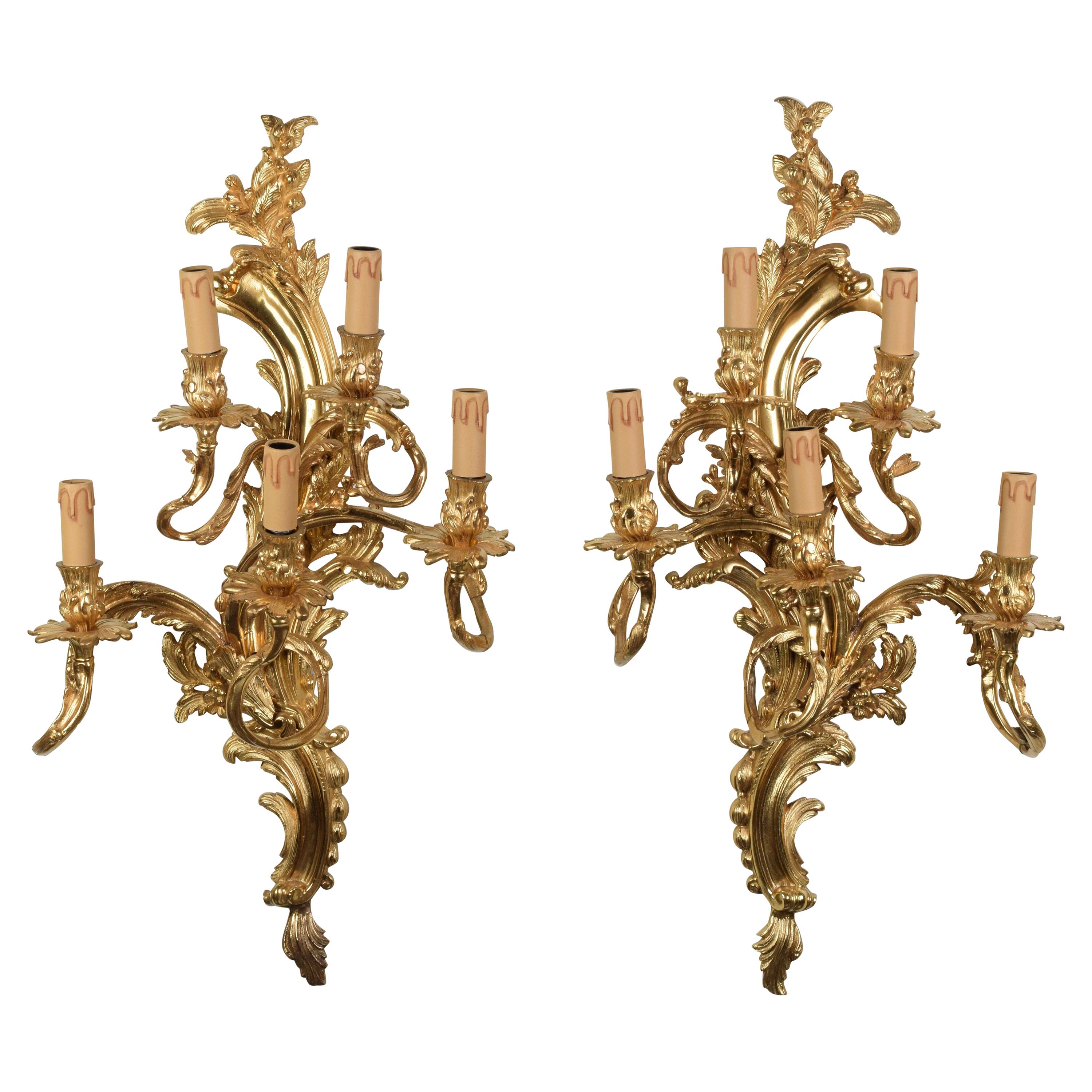 Pair of Louis XV Sconces in Gilt Bronze with Five Lights Mid-20th Century