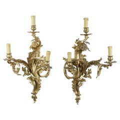 Vintage Pair of Louis XV Sconces in Gilt Bronze with Three Lights Mid-20th Century