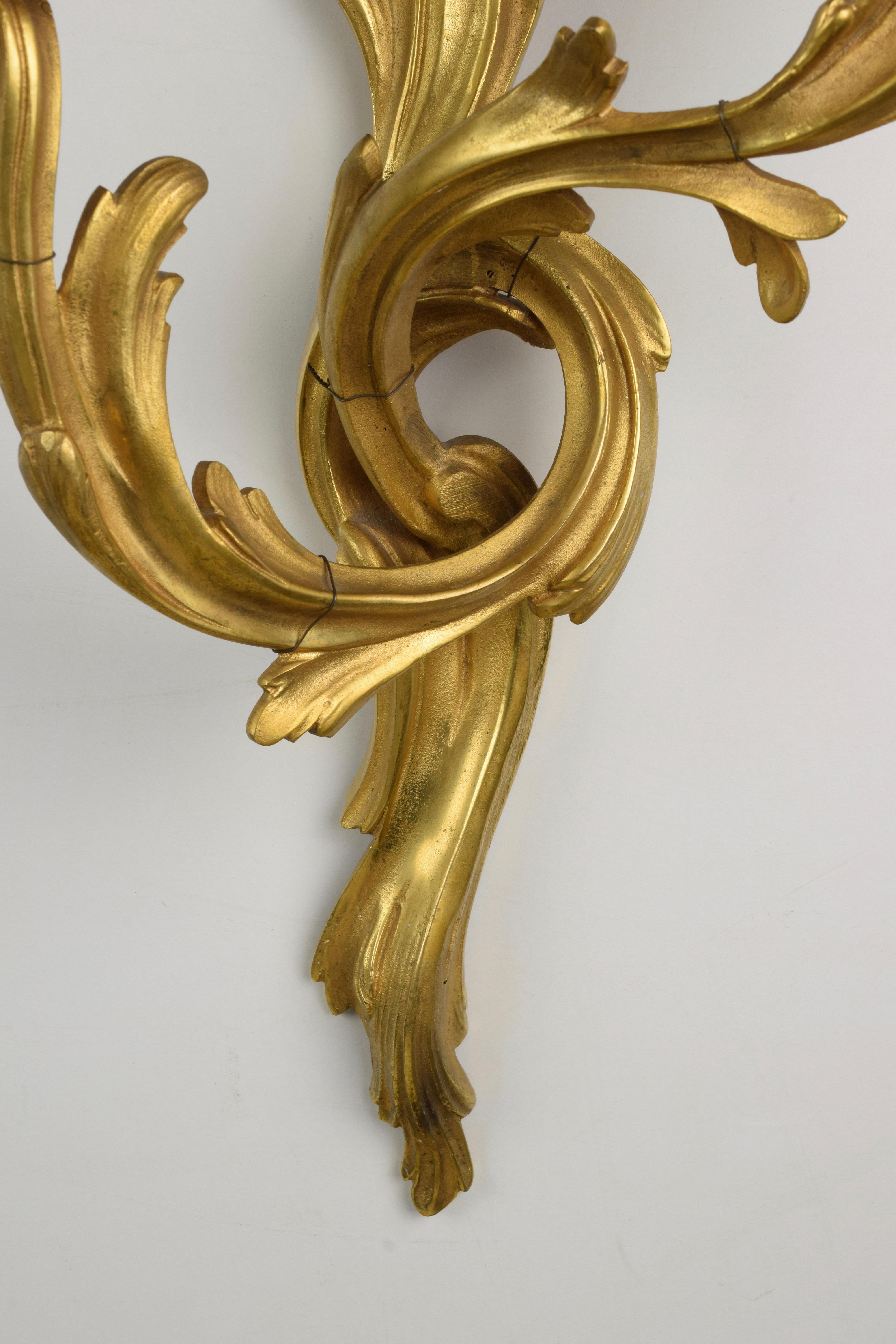 Pair of Louis XV Sconces in Gilt Bronze with Two Lights, Mid-20th Century For Sale 2