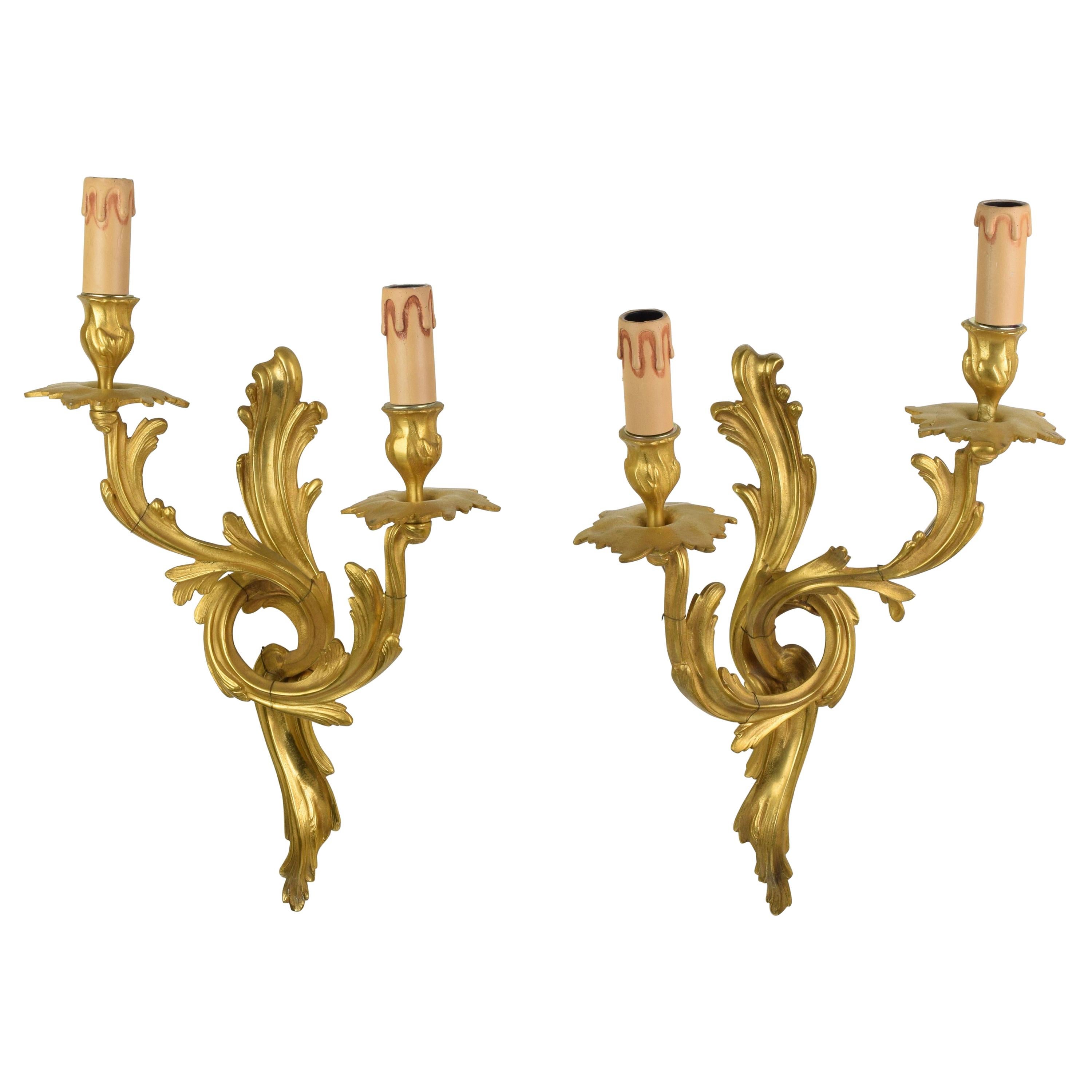 Pair of Louis XV Sconces in Gilt Bronze with Two Lights, Mid-20th Century For Sale