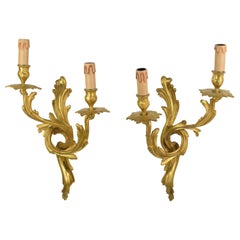 Pair of Louis XV Sconces in Gilt Bronze with Two Lights, Mid-20th Century