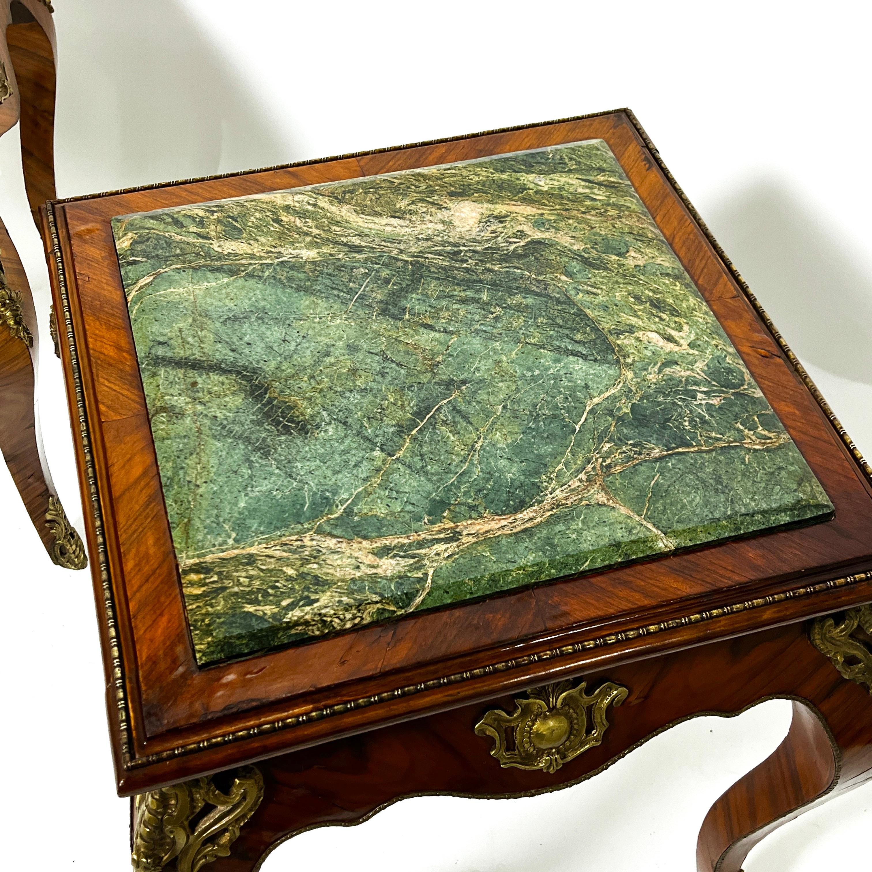 Pair of Louis XV Side Tables With Marble Tops and Ormolu Mounts, Ca. 30s In Good Condition For Sale In Peabody, MA