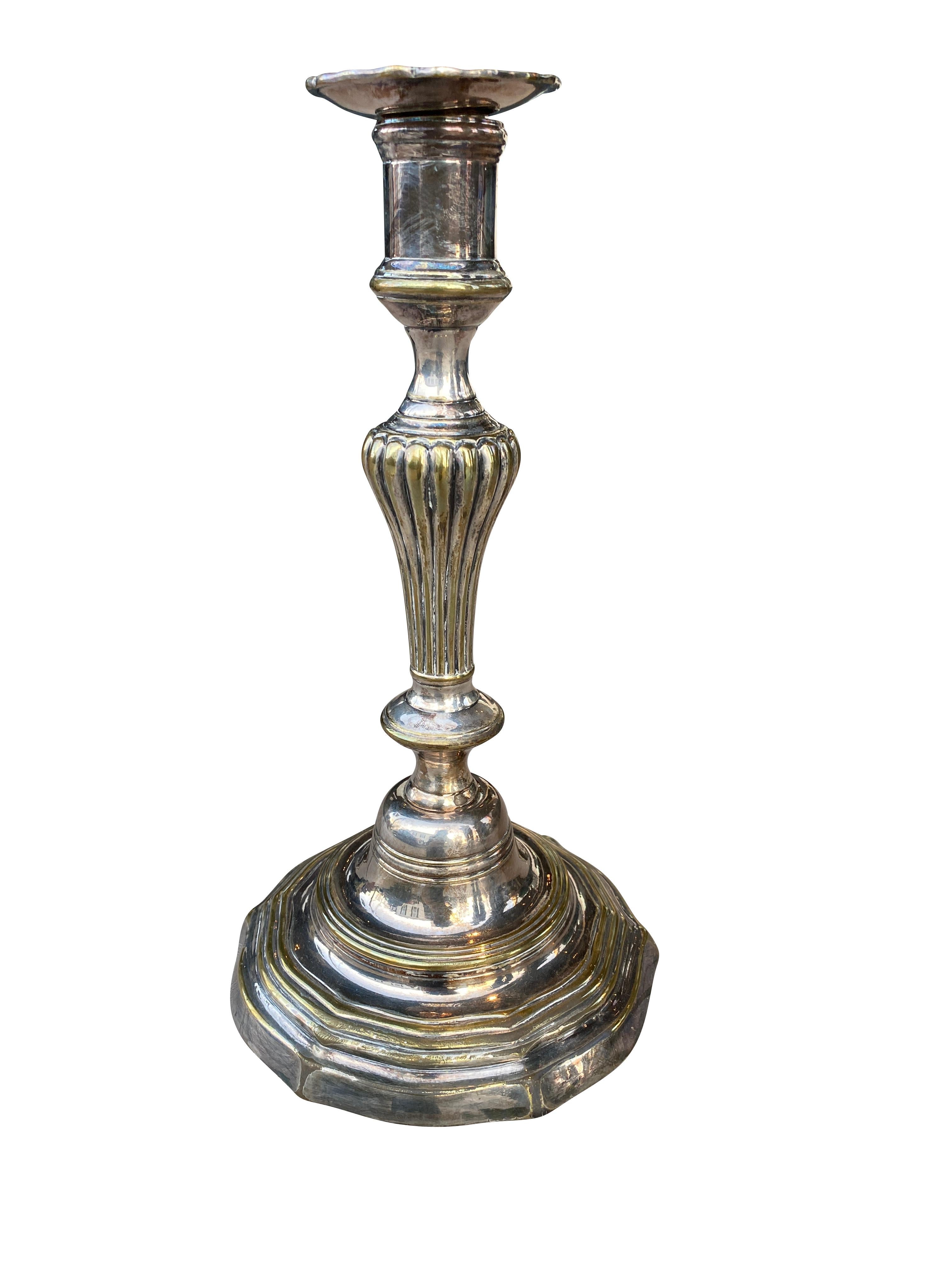 Pair of Louis XV Silvered Brass Candlesticks For Sale 1
