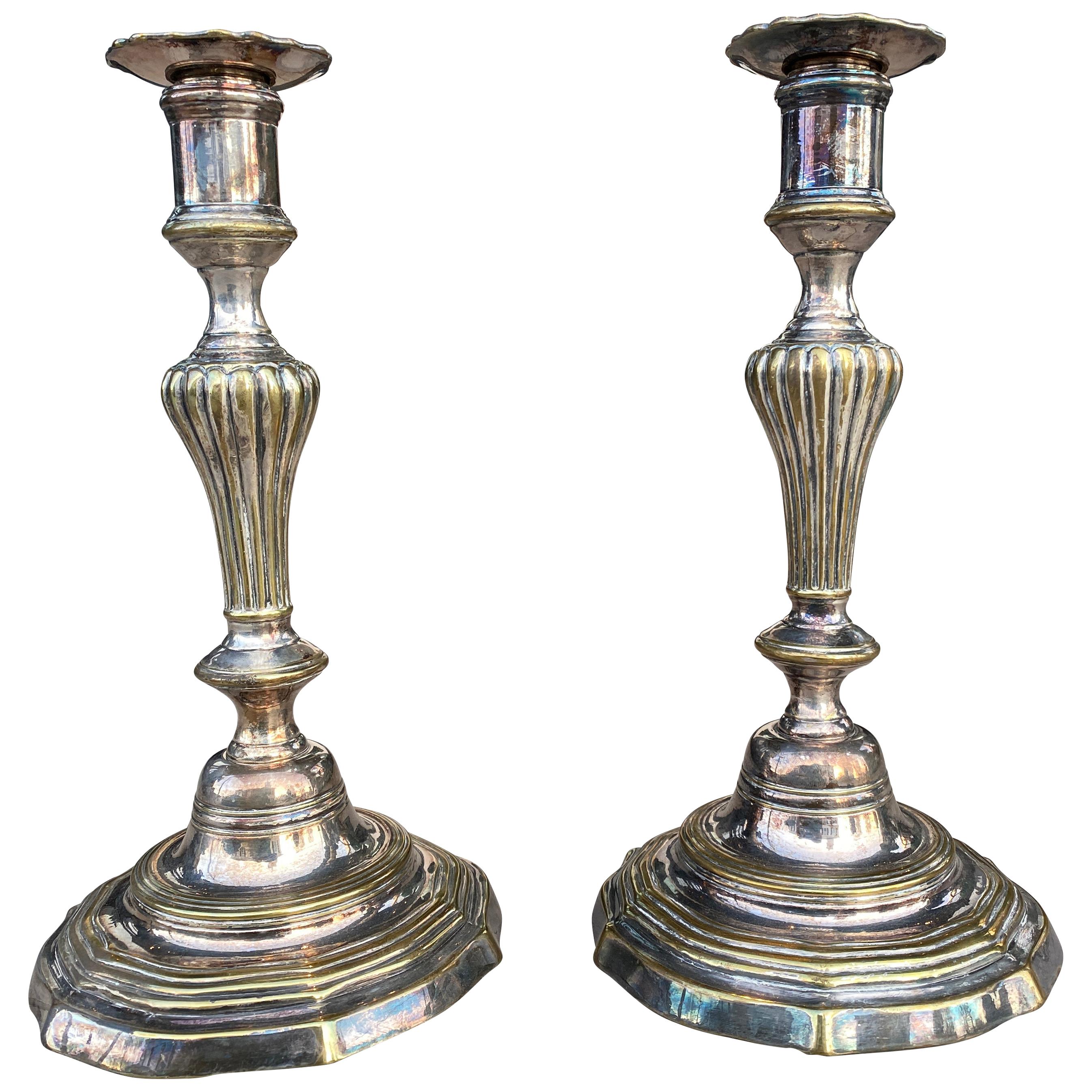 Pair of Louis XV Silvered Brass Candlesticks For Sale