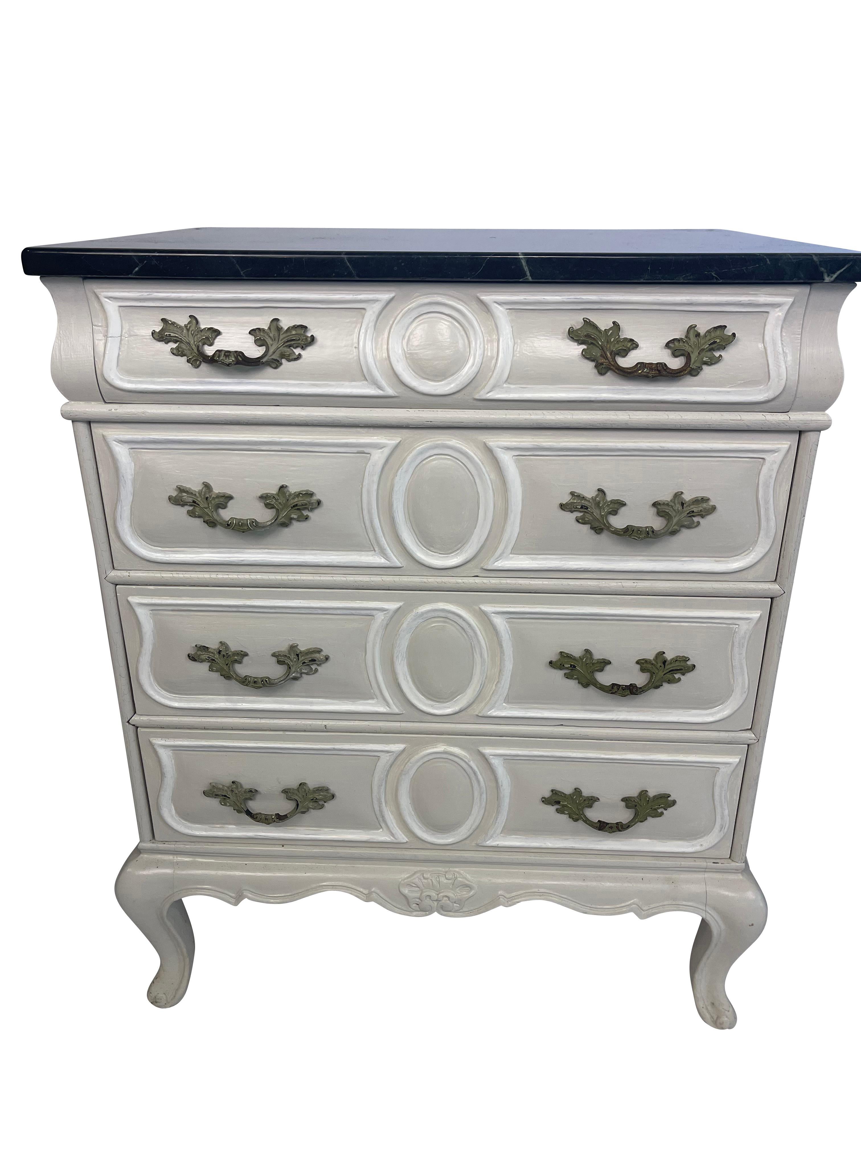 Hand-Painted Pair of Louis XV Style Antique Bed Side Tables Grey, Painted with Marble Tops For Sale