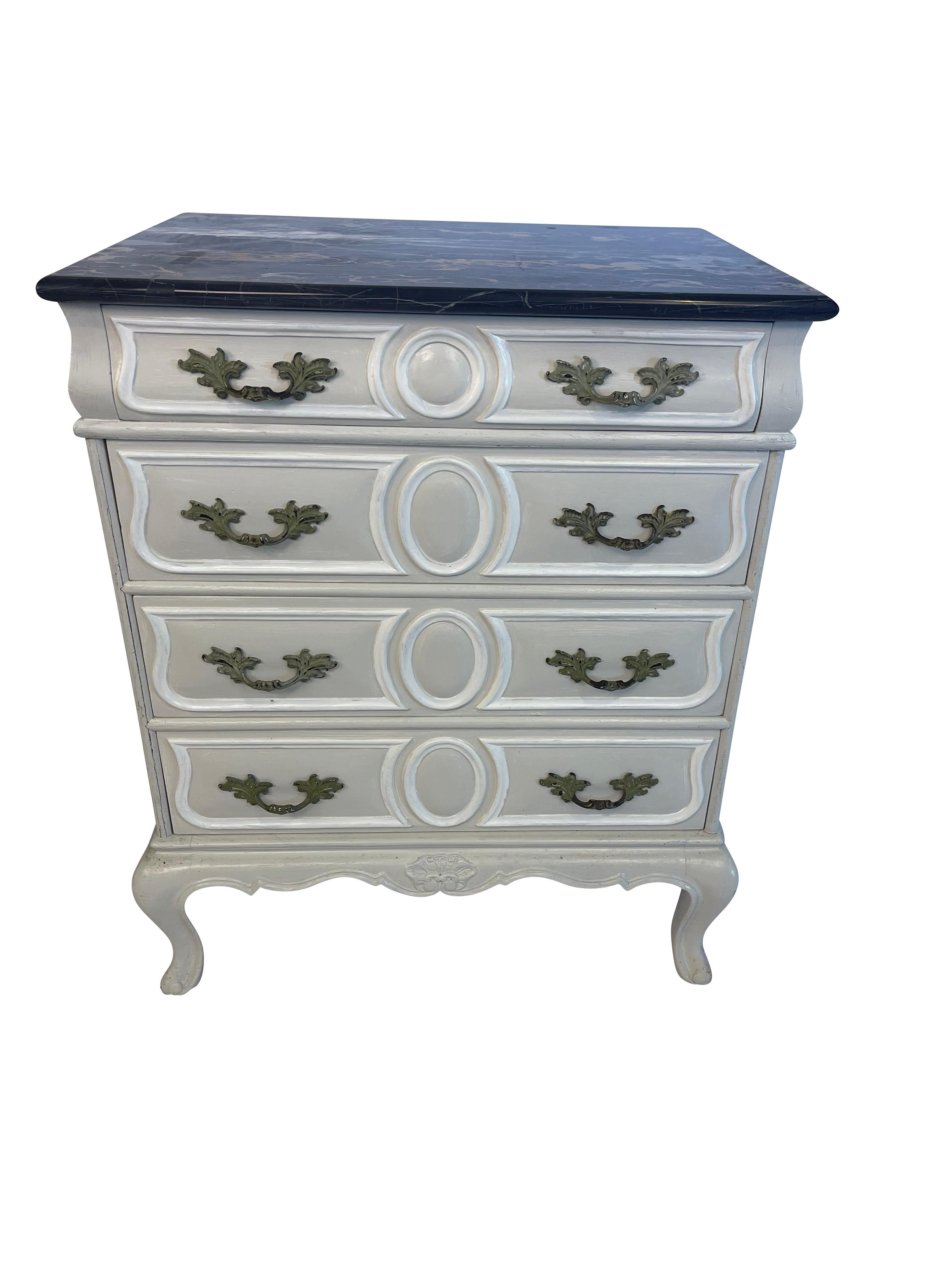 Pair of Louis XV Style Antique Bed Side Tables Grey, Painted with Marble Tops In Good Condition For Sale In Essex, MA