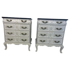 Pair of Louis XV Style Antique End Tables Grey, Painted with Marble Tops