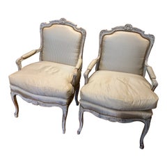 Pair of Louis XV Style Arm Chairs/Fauteuils in Painted Finish with Silk Fabric