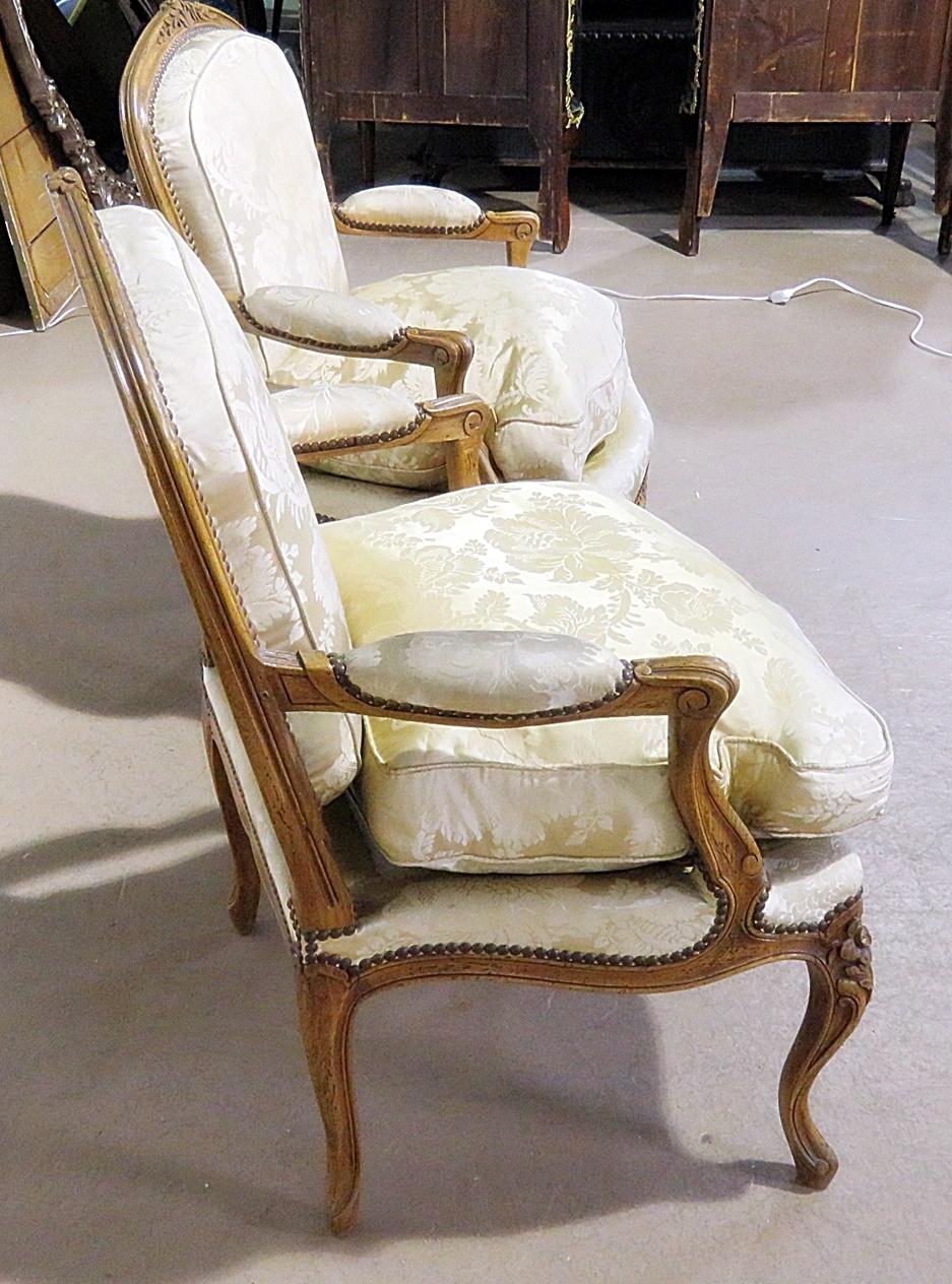 Pair of Carved Walnut Louis XV Style Fauteuils Armchairs 5