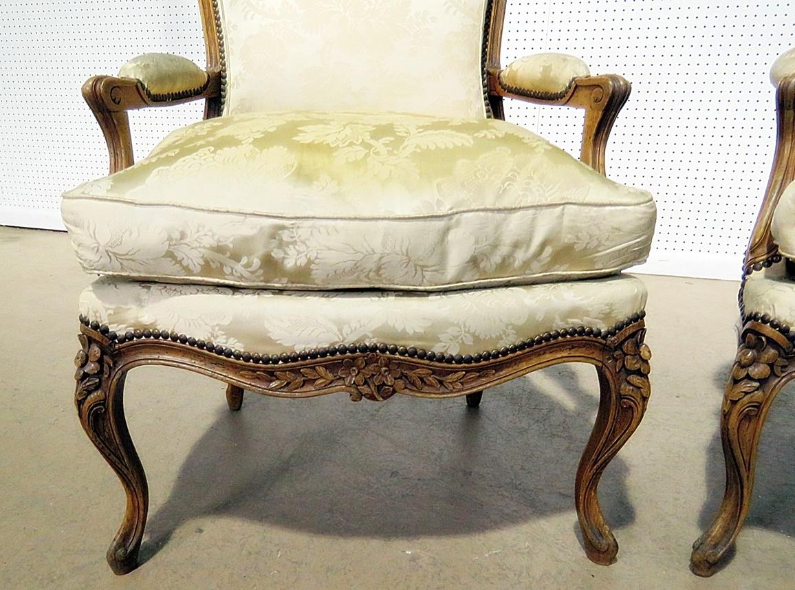 20th Century Pair of Carved Walnut Louis XV Style Fauteuils Armchairs