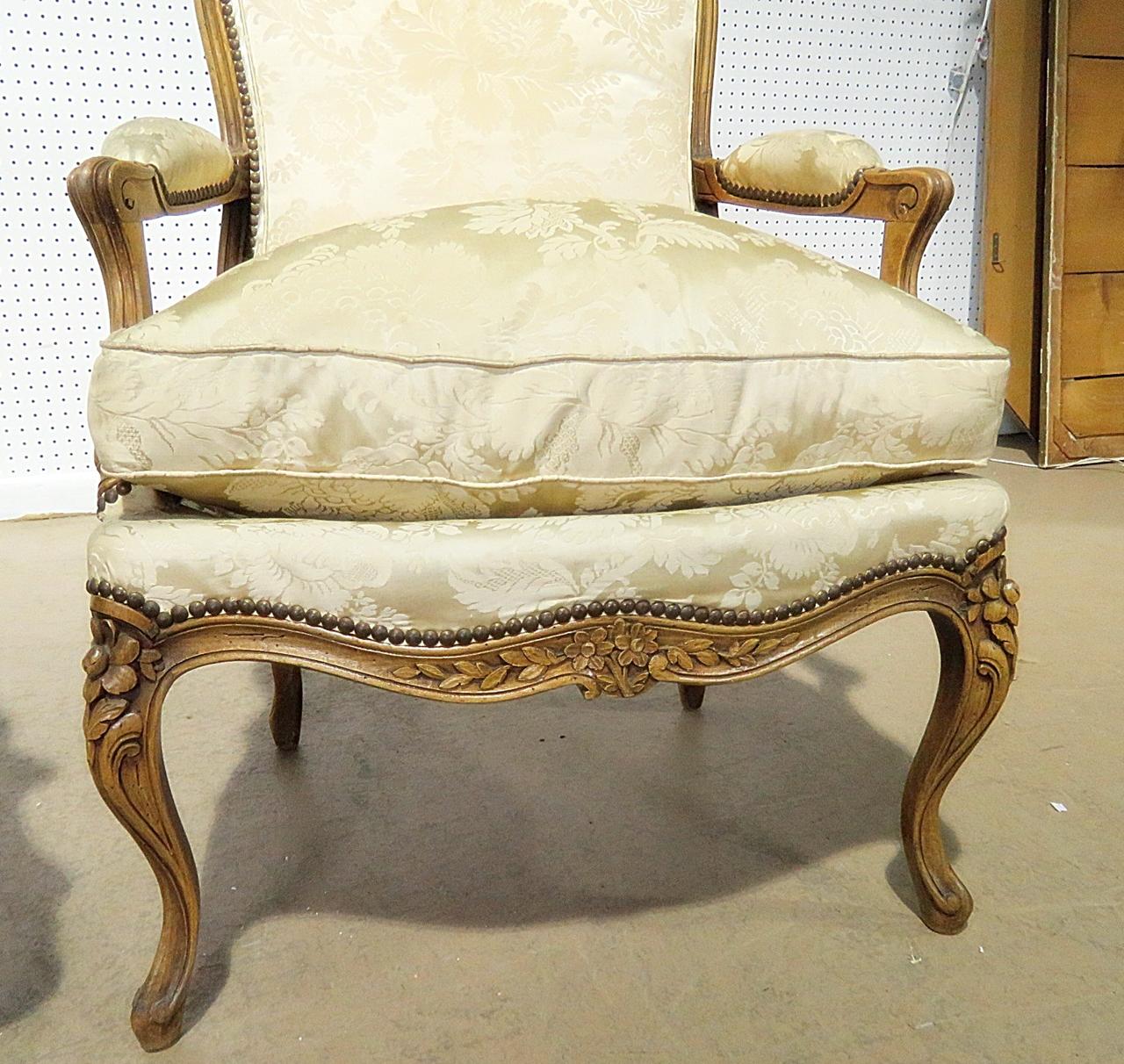Upholstery Pair of Carved Walnut Louis XV Style Fauteuils Armchairs