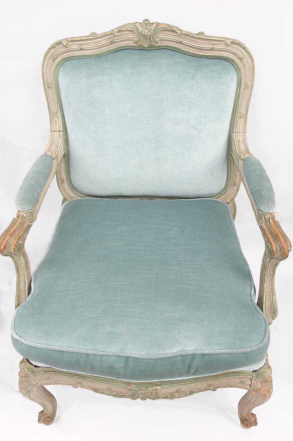 Pair of Louis XV Style Armchairs à Châssis, Blue Velvet, 1900 Period In Good Condition In Saint-Ouen, FR