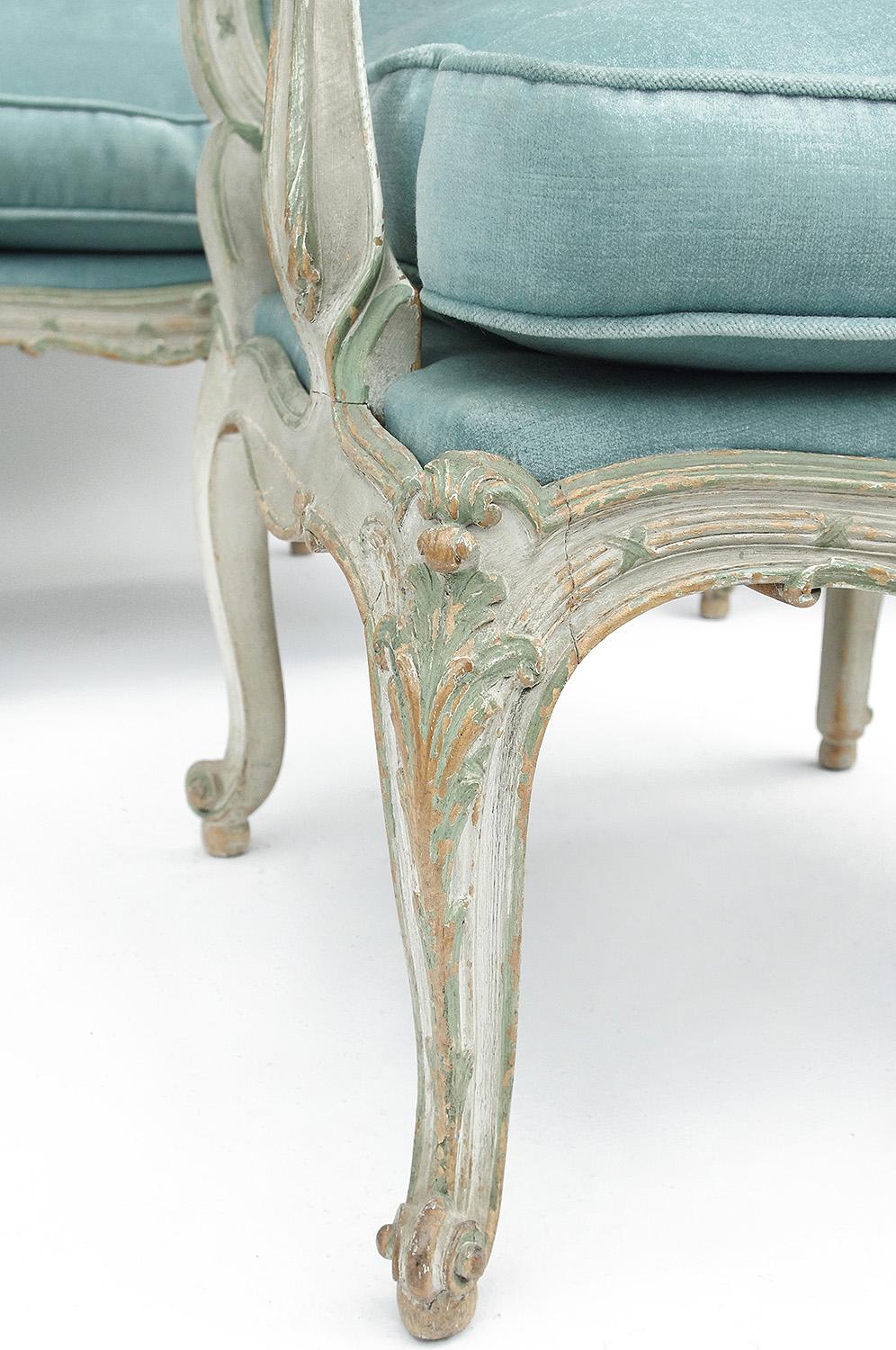Wood Pair of Louis XV Style Armchairs à Châssis, Blue Velvet, 1900 Period