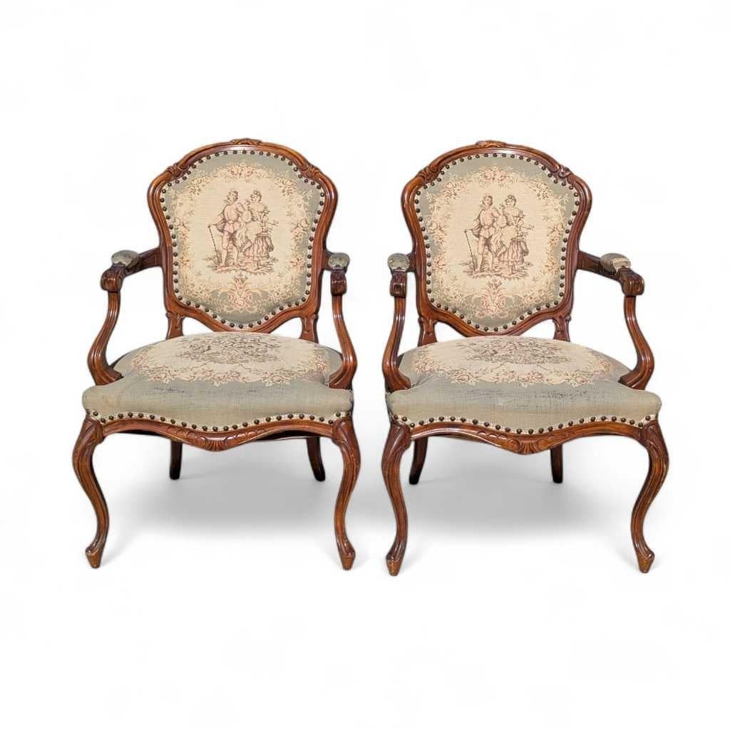 Pareja de sillones estilo Luis XV, madera tallada y tapicería, Francia, c. 1950 en venta 8