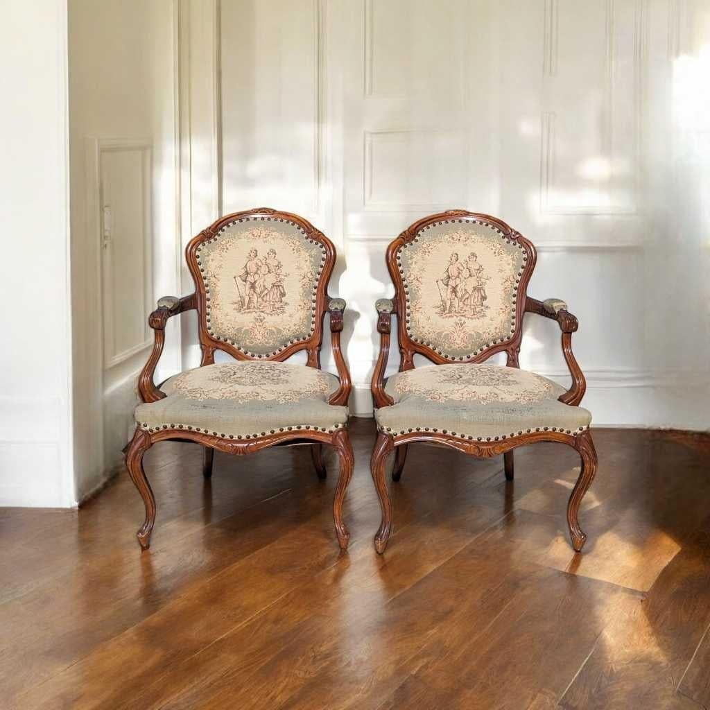 Pareja de sillones estilo Luis XV, madera tallada y tapicería, Francia, c. 1950 en venta 12