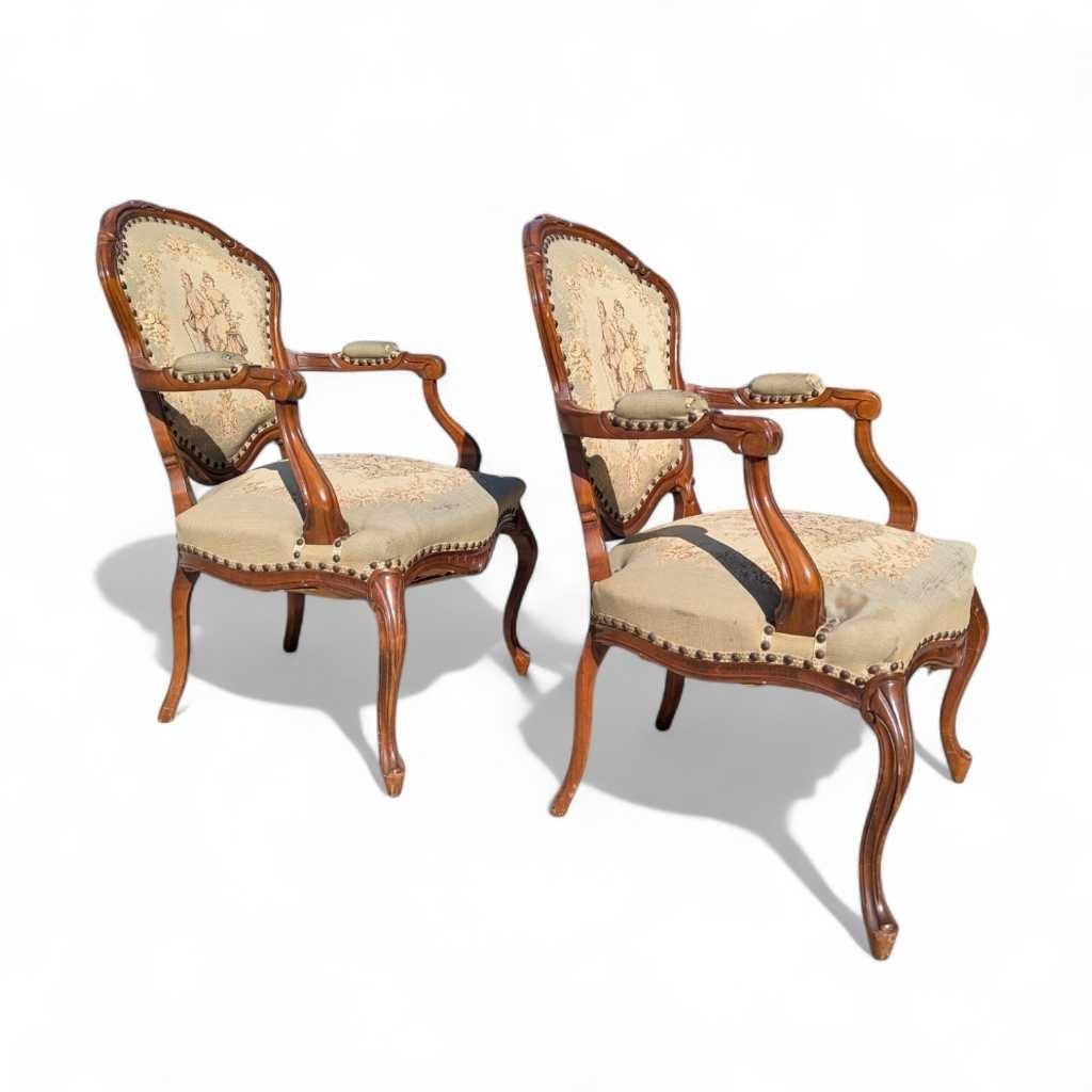 Pareja de sillones estilo Luis XV, madera tallada y tapicería, Francia, c. 1950 en venta 13
