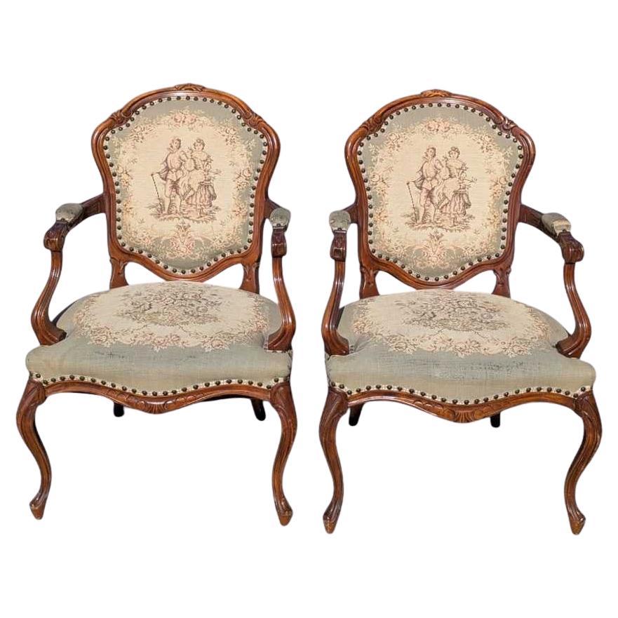 Pair of Louis XV Style Armchairs, Carved Wood & Tapestry, France, c. 1950s
