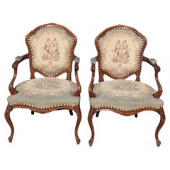 Pair of Louis XV Style Armchairs, Carved Wood & Tapestry, France, c. 1950s