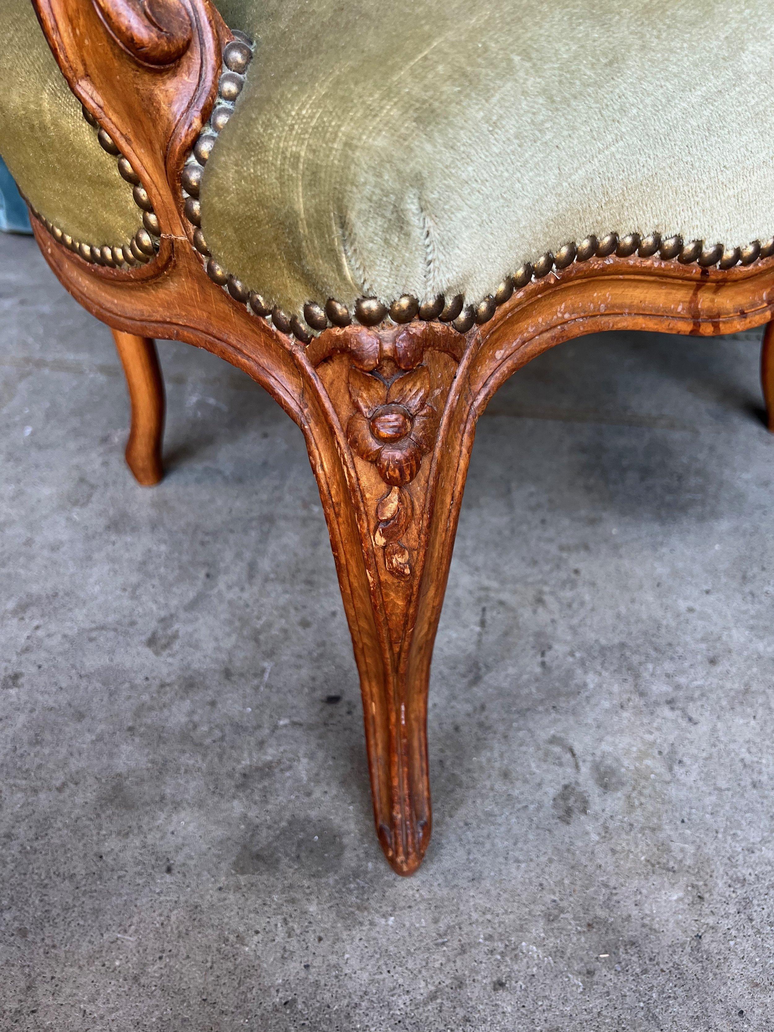 Pair of French Louis XV Style Armchairs in Pale Green Velvet For Sale 6