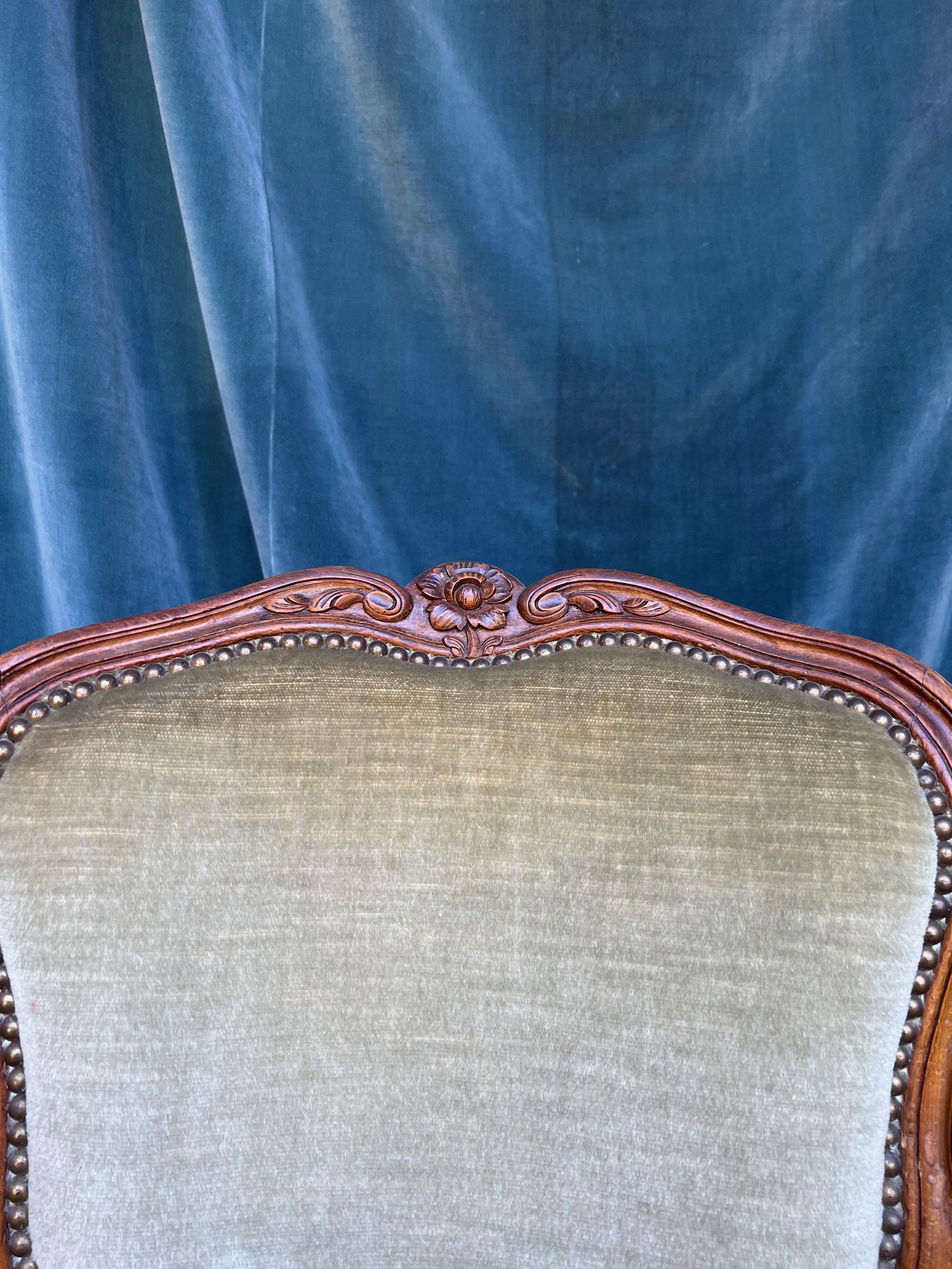 Pair of French Louis XV Style Armchairs in Pale Green Velvet For Sale 8