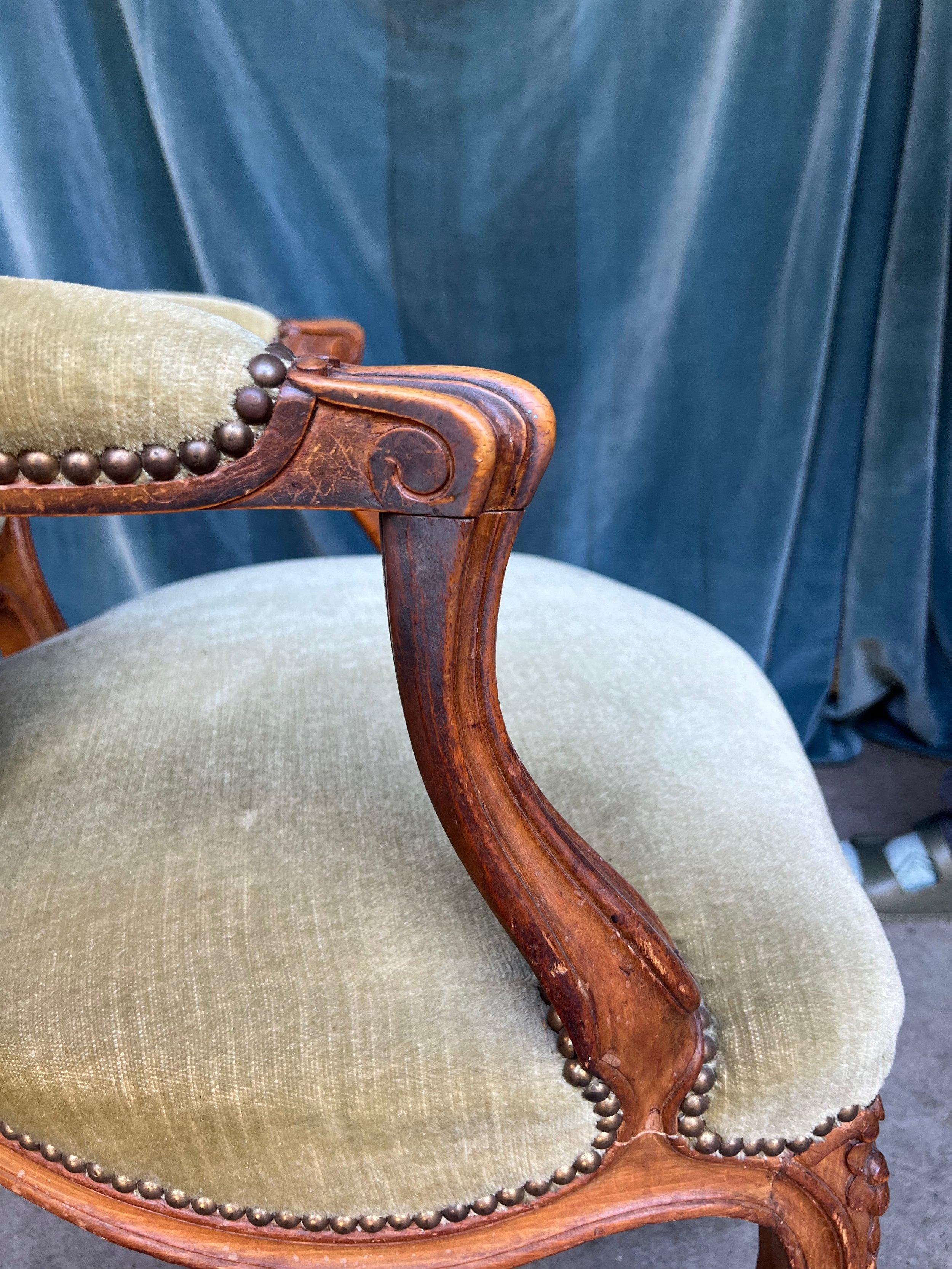 Pair of French Louis XV Style Armchairs in Pale Green Velvet For Sale 9