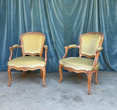 Pair of French Louis XV Style Armchairs in Pale Green Velvet