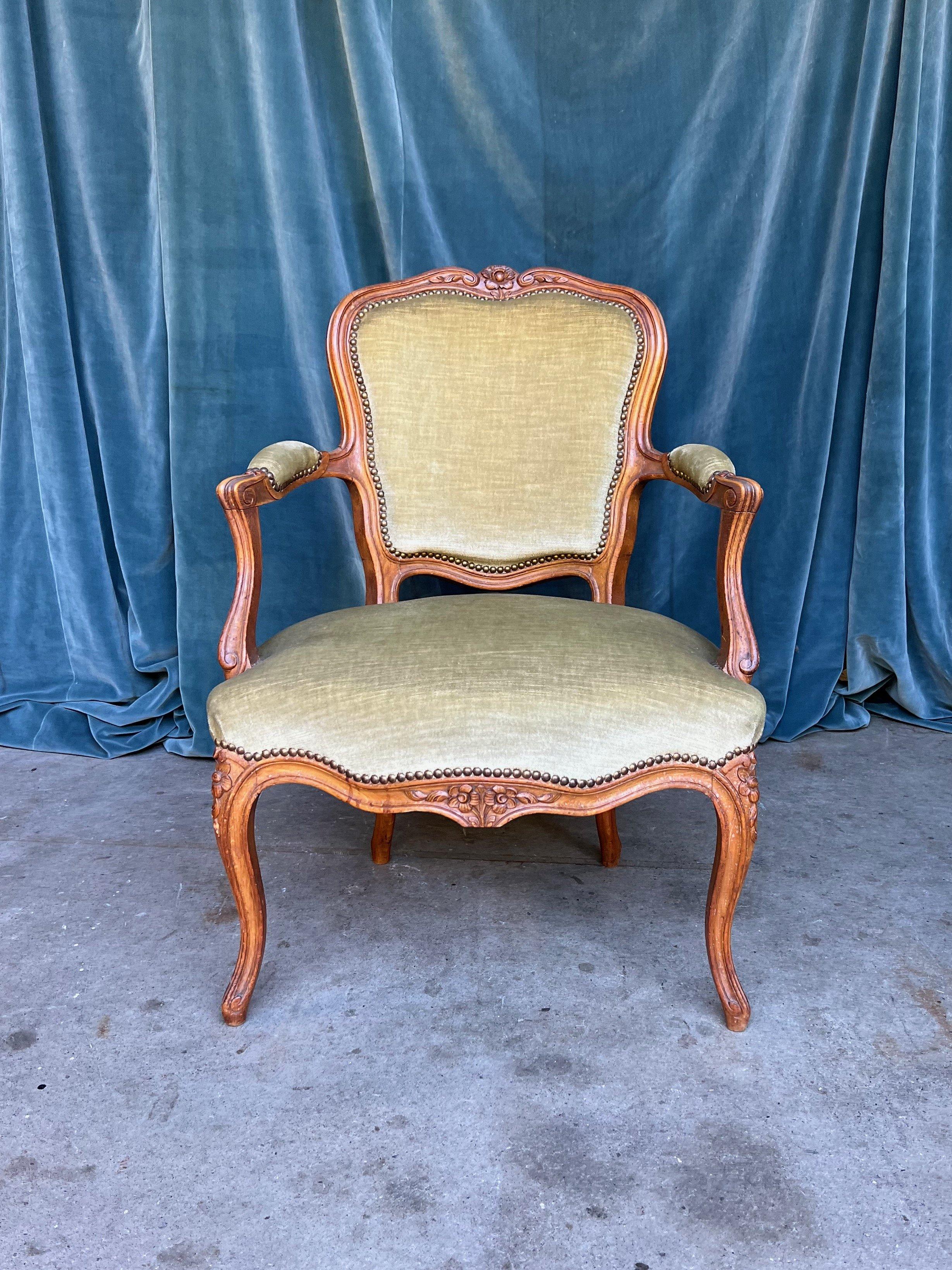 20th Century Pair of French Louis XV Style Armchairs in Pale Green Velvet For Sale