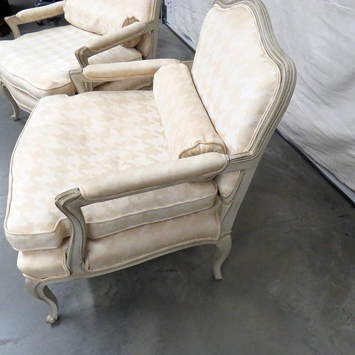 Upholstery Distress Painted Pair of French Louis XV Style Parlor Armchairs