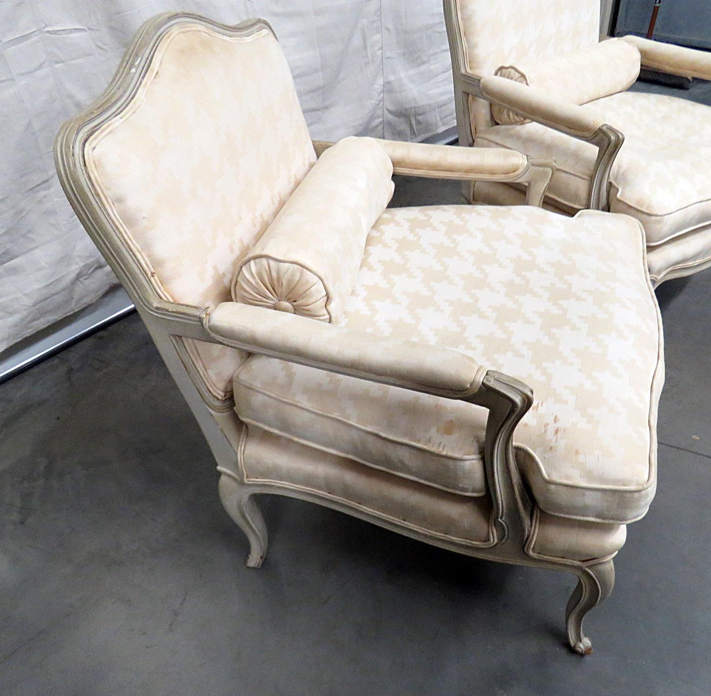 Distress Painted Pair of French Louis XV Style Parlor Armchairs 2