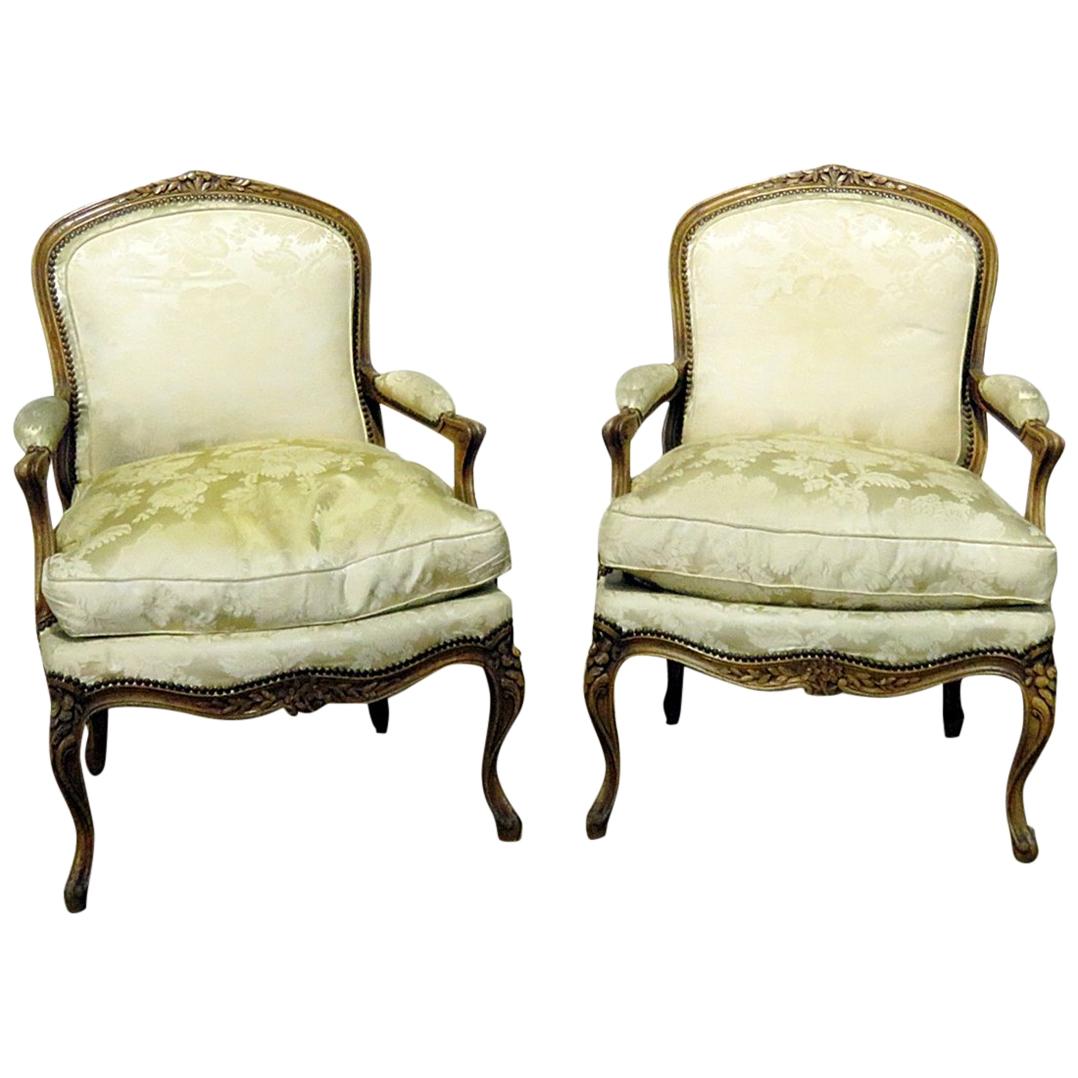 Pair of Carved Walnut Louis XV Style Fauteuils Armchairs