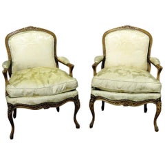 Pair of Carved Walnut Louis XV Style Fauteuils Armchairs