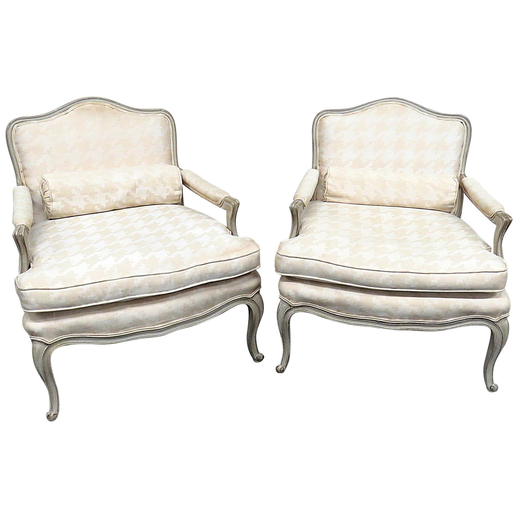 Distress Painted Pair of French Louis XV Style Parlor Armchairs