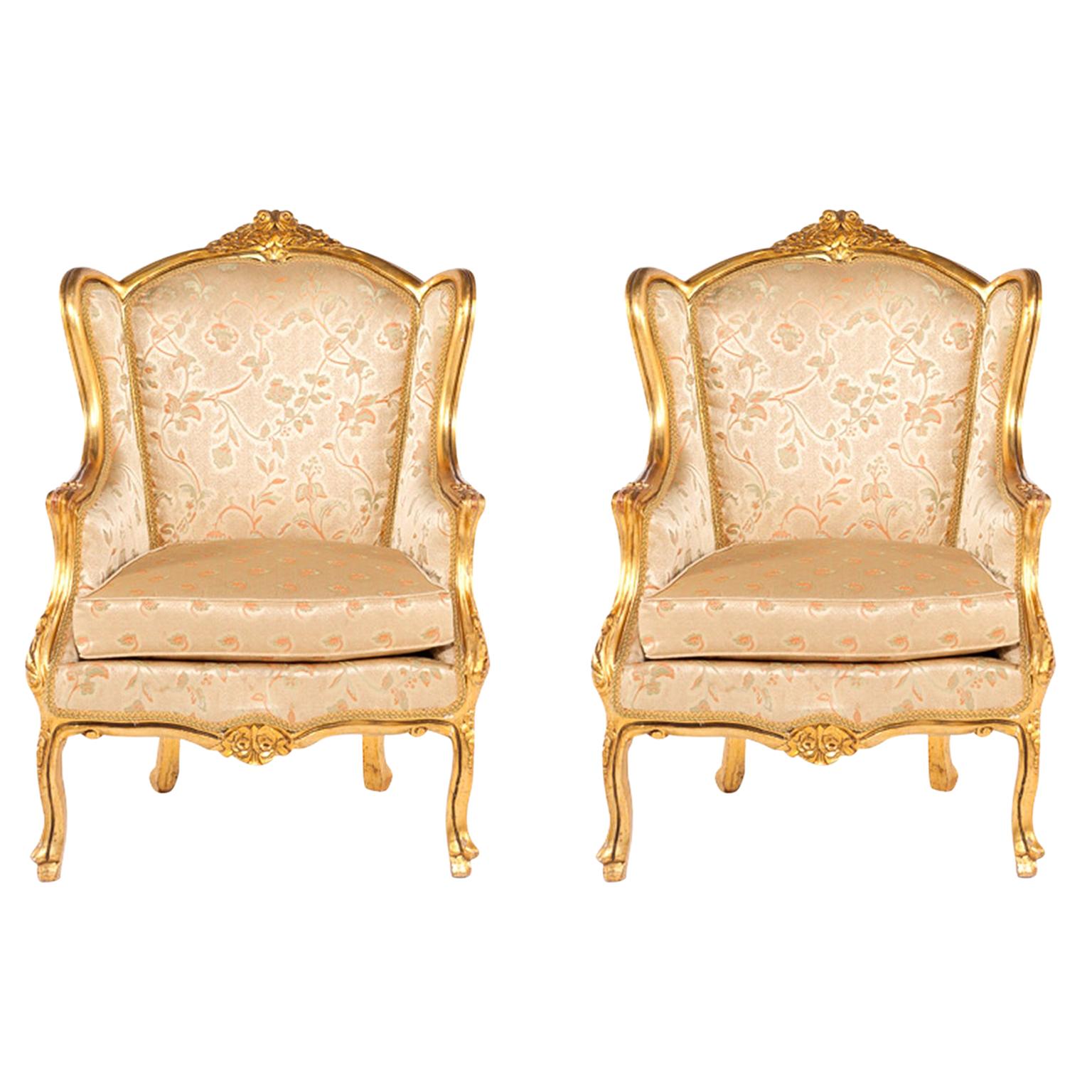 Pair of Louis XV Style Armchairs in Golden Painted