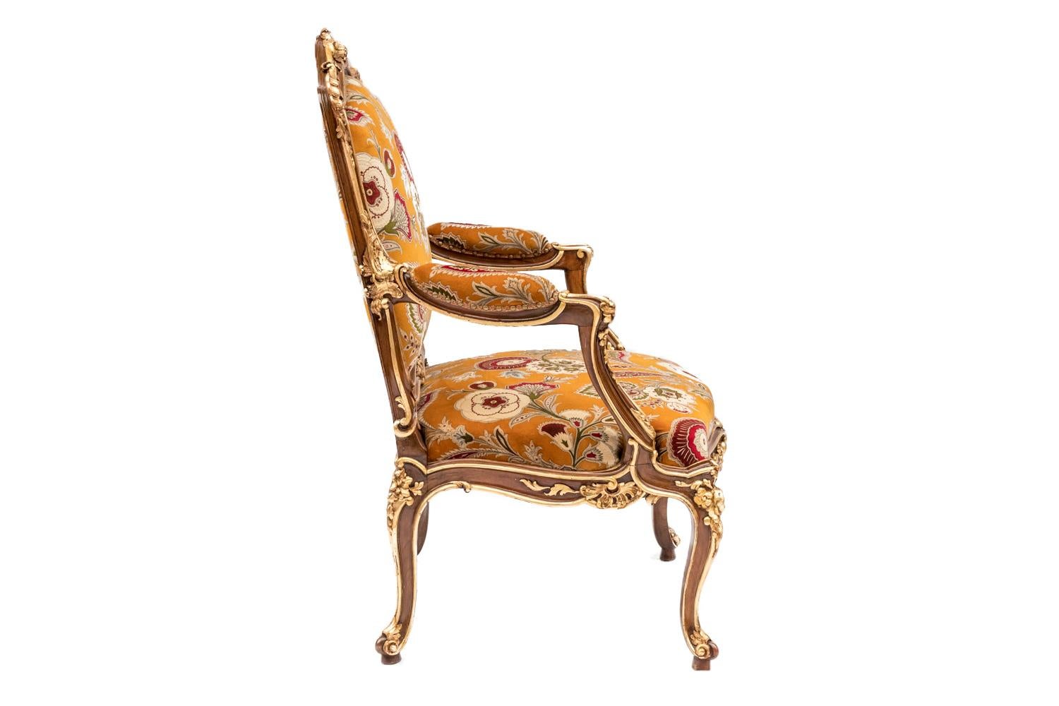 Carved Pair of Louis XV Style Armchairs in Natural Walnut and Gilt Highlights, 1950s