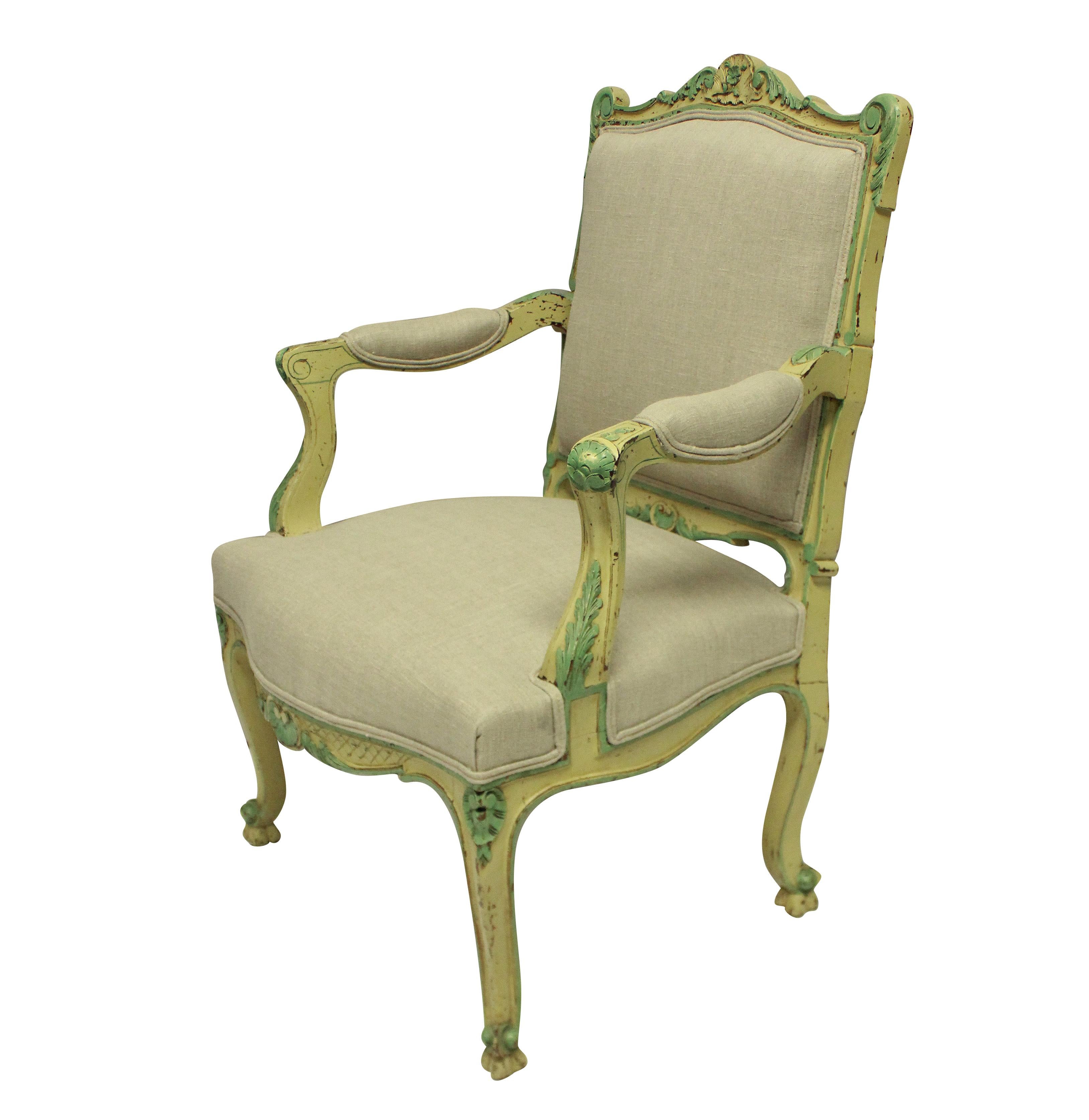 French Pair of Louis XV Style Armchairs in Pale Yellow and Green Paints