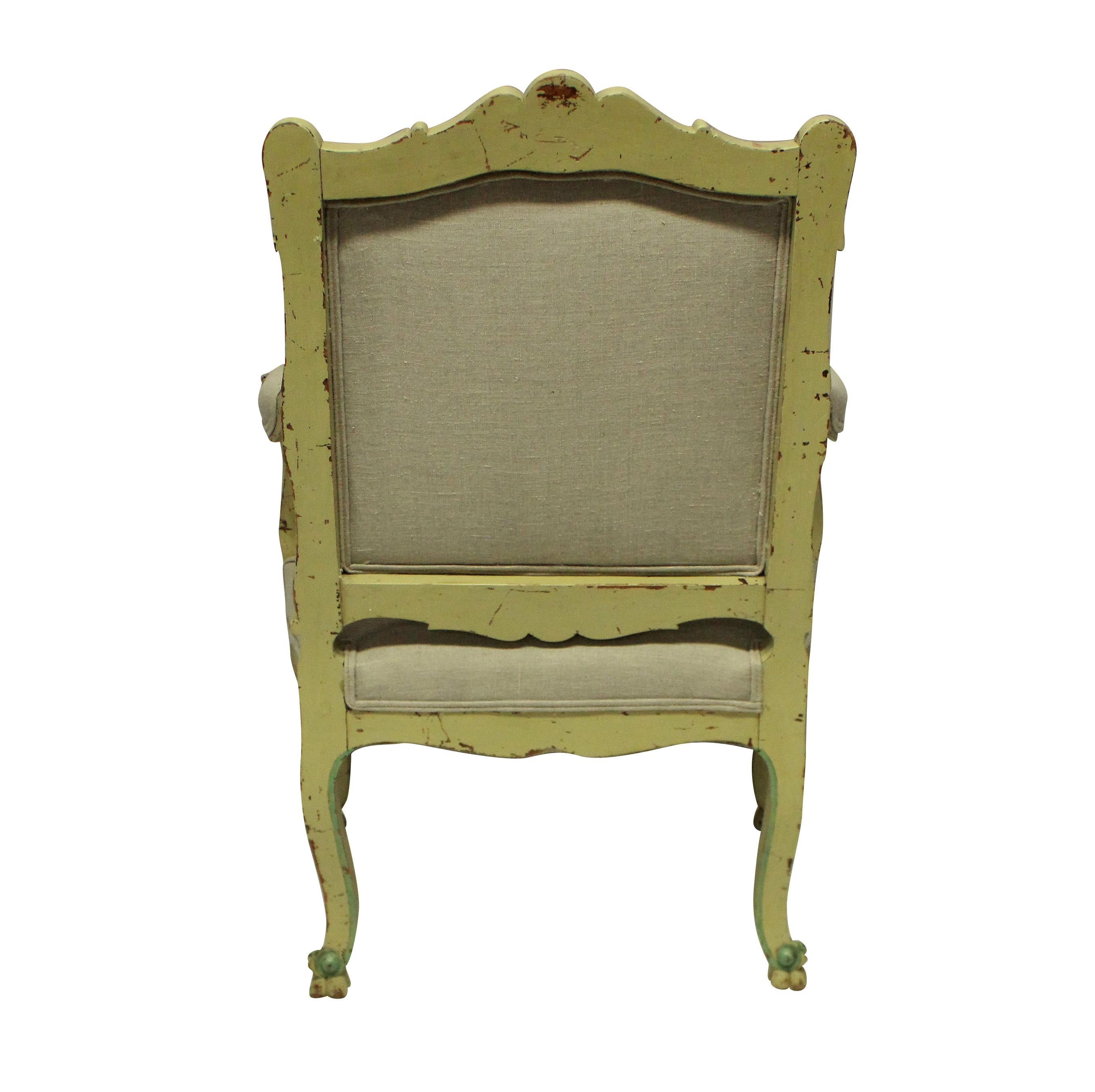 French Pair of Louis XV Style Armchairs in Pale Yellow and Green Paints
