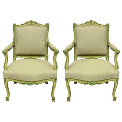 Pair of Louis XV Style Armchairs in Pale Yellow and Green Paints