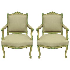 Pair of Louis XV Style Armchairs in Pale Yellow and Green Paints