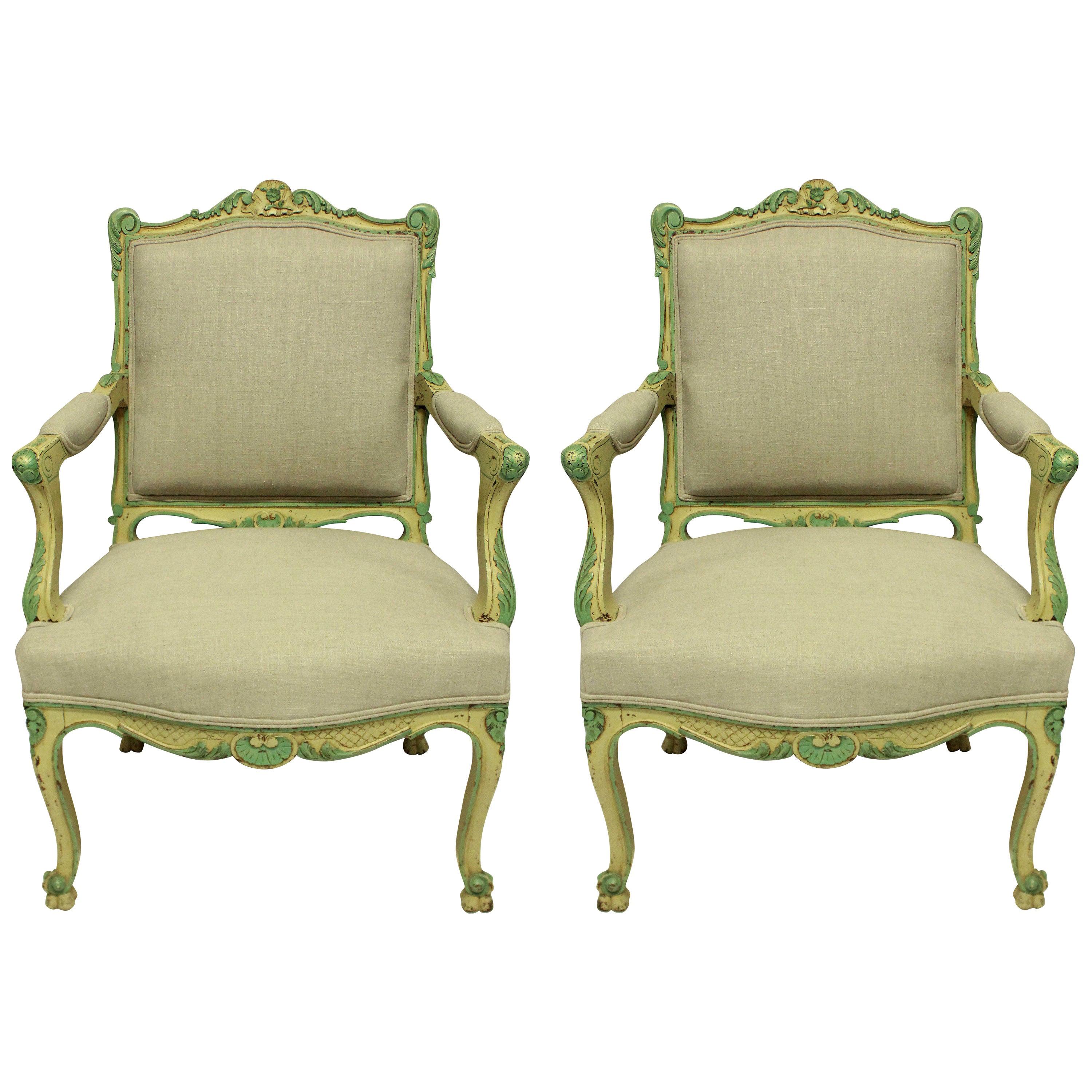Pair of Louis XV Style Armchairs in Pale Yellow and Green Paints