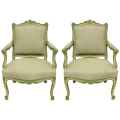 Pair of Louis XV Style Armchairs in Pale Yellow and Green Paints