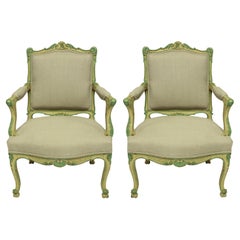 Pair of Louis XV Style Armchairs in Pale Yellow and Green Paints