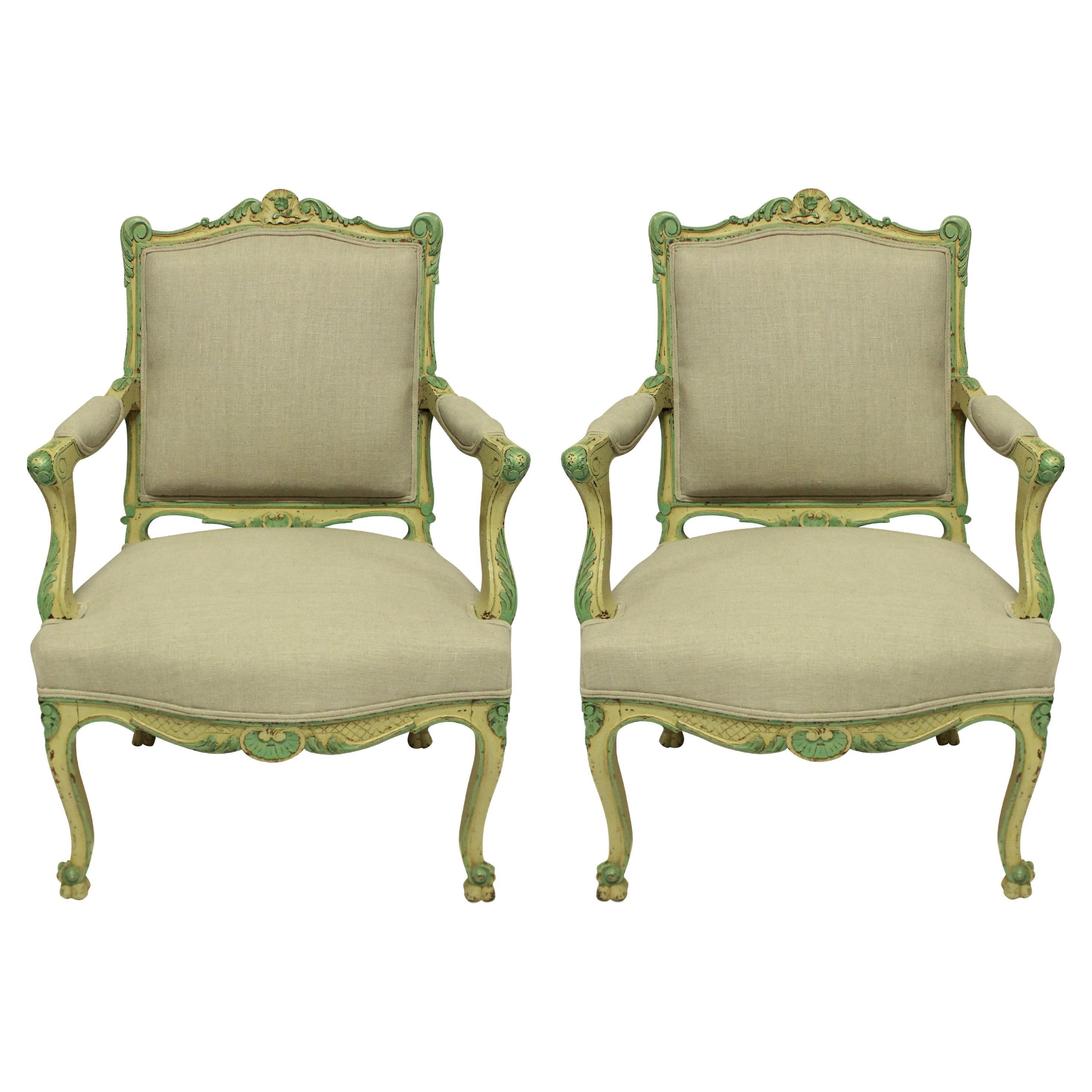 Pair of Louis XV Style Armchairs in Pale Yellow and Green Paints