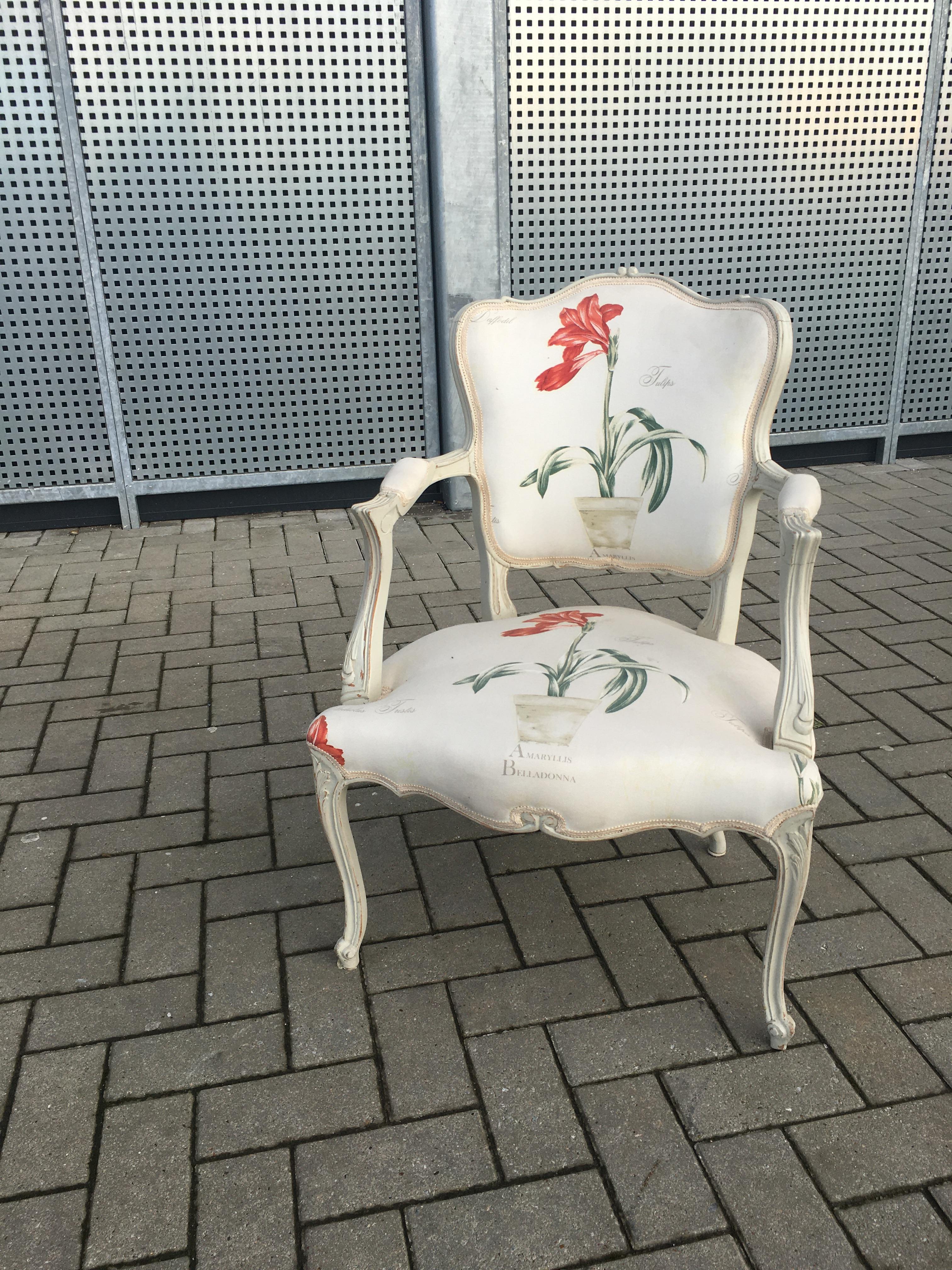 French Pair of Louis XV Style Armchairs, in Rechampi Wood, Flower Fabric For Sale