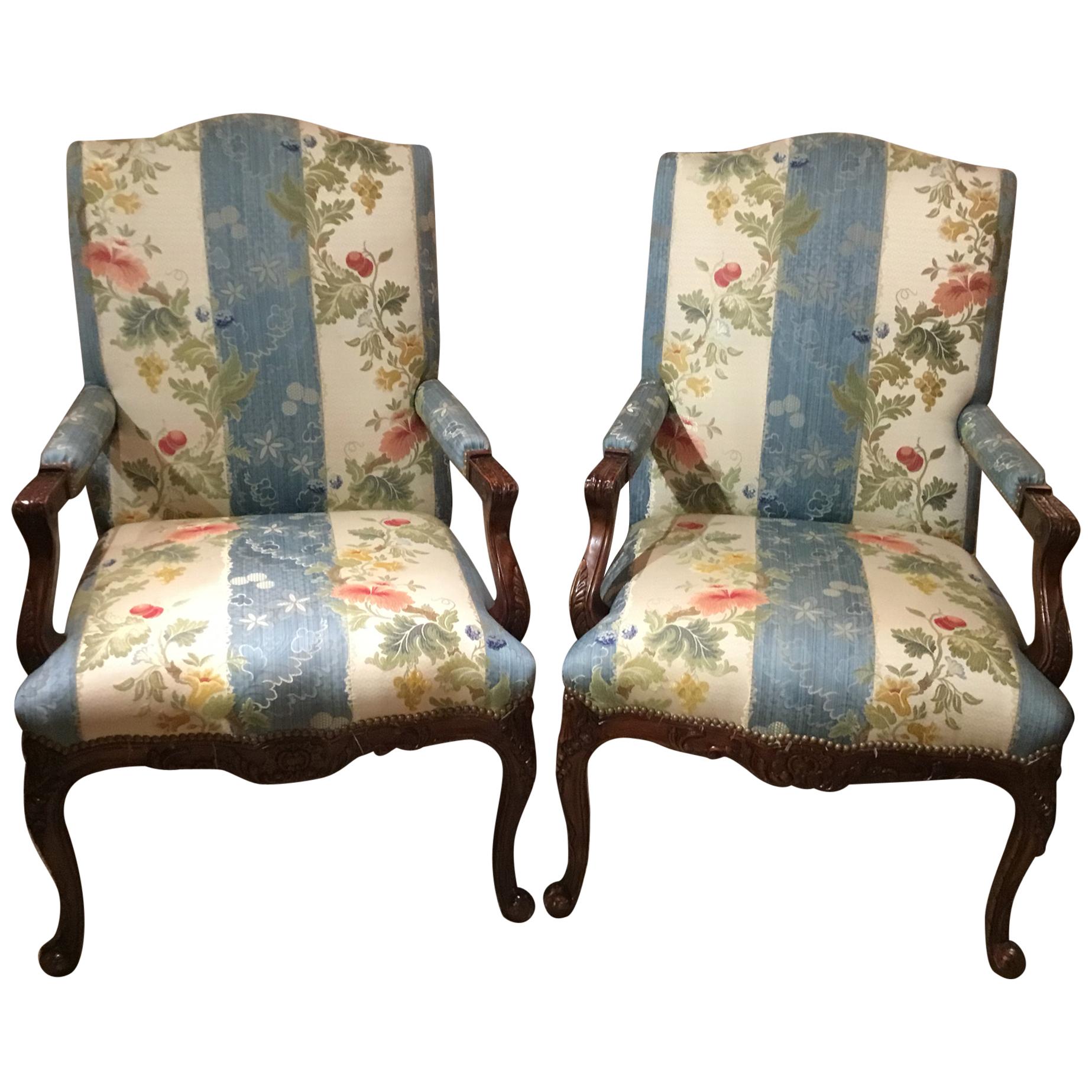 Pair of Louis XV Style Armchairs, Large Scale, Designer Upholstery Walnut