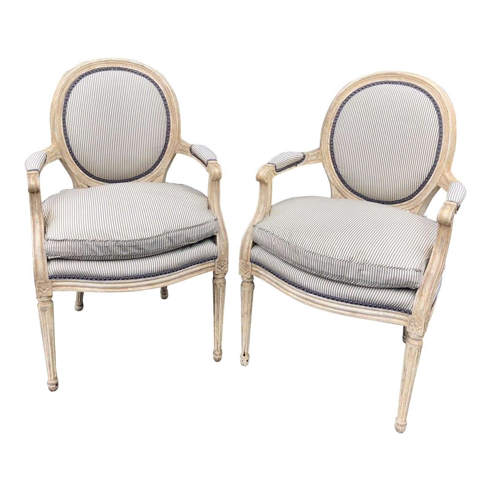 Pair of Louis XV Style Balloon Back Armchairs with Silk Down Cushions
