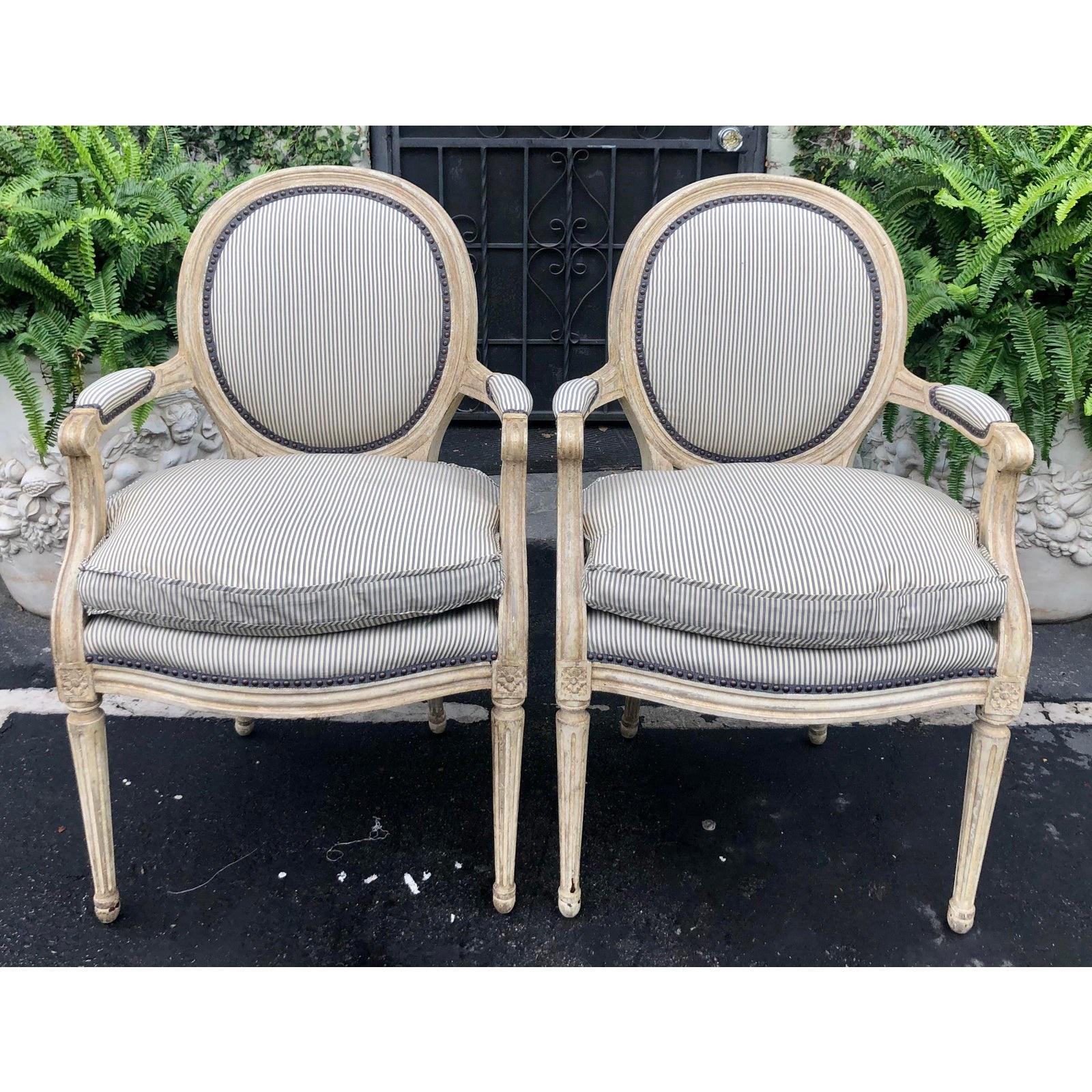 19th Century Pair of Louis XV Style Balloon Back Armchairs with Silk Down Cushions
