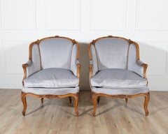 Pair of Louis XV-Style Beech Gondola Armchairs in Gray Velvet, 20th Century