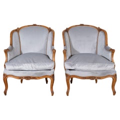 Pair of Louis XV-Style Beech Gondola Armchairs in Gray Velvet, 20th Century